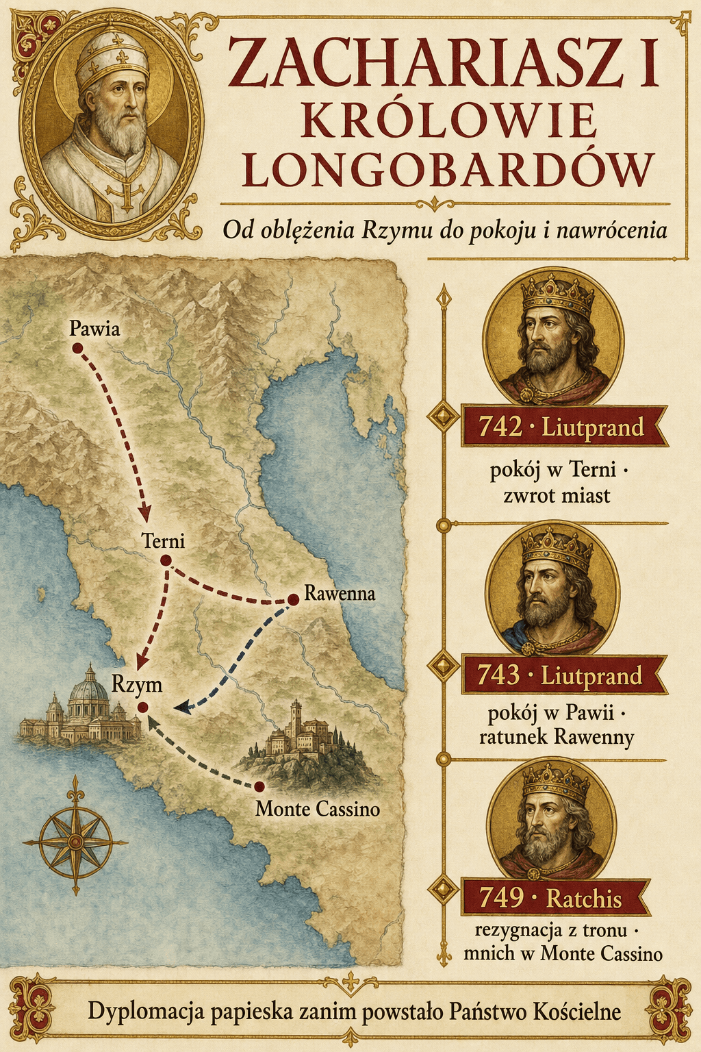 Mapa środkowych Włoch pokazująca Rzym, Terni, Pawię, Perugię, Rawennę i Monte Cassino podczas negocjacji Zachariasza z królami longobardzkimi