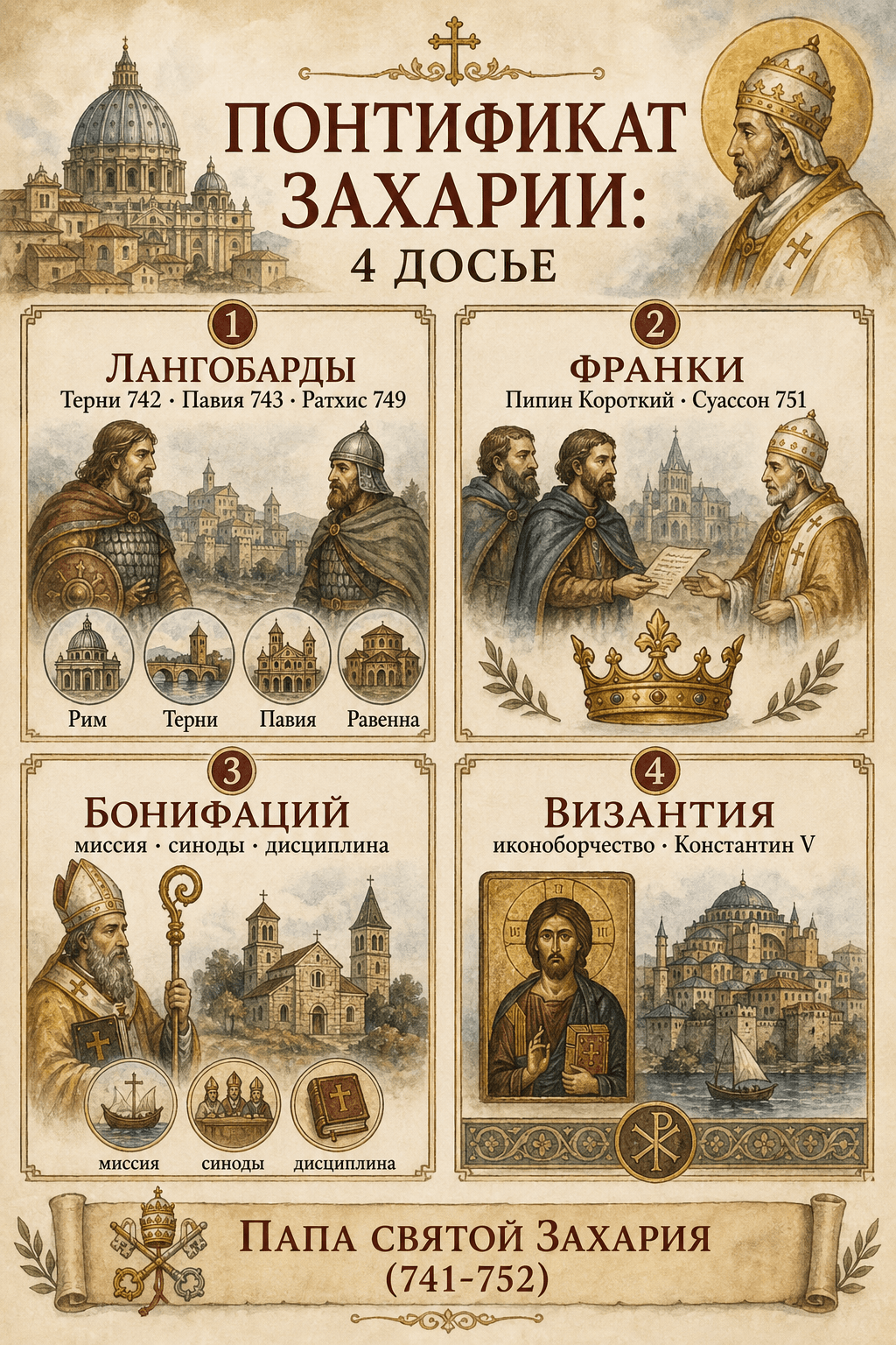 Инфографика Захарии в четырёх делах: лангобарды, франки, Бонифаций и Византия