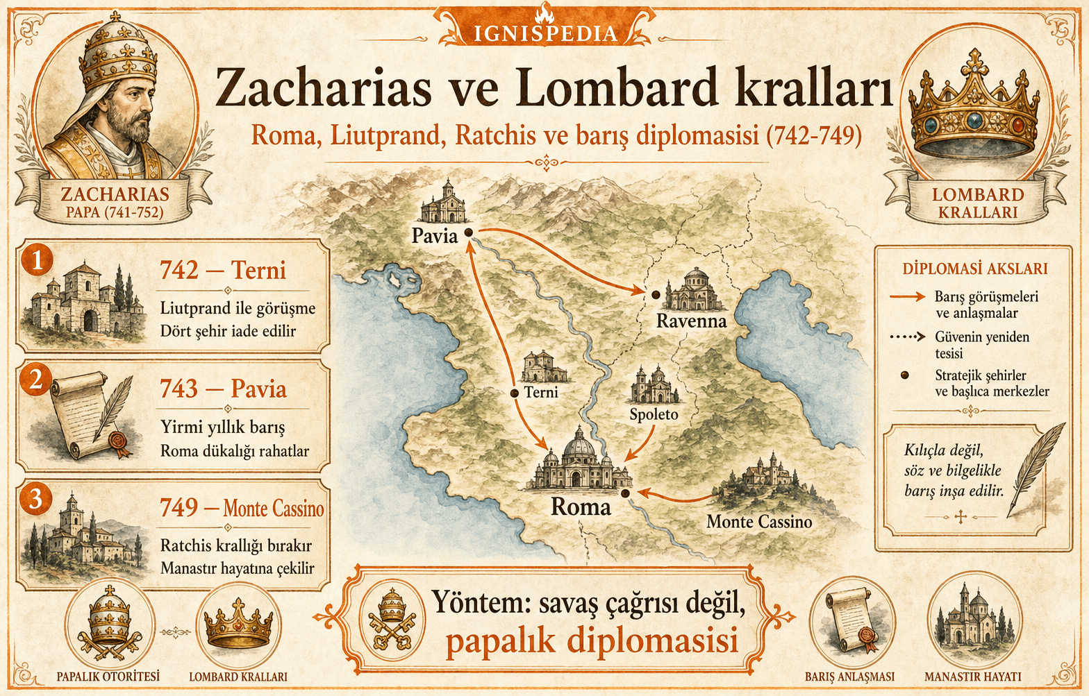Zacharias’nin Lombard krallarıyla görüşmeleri sırasında Roma, Terni, Pavia, Perugia, Ravenna ve Monte Cassino’i gösteren Orta İtalya haritası