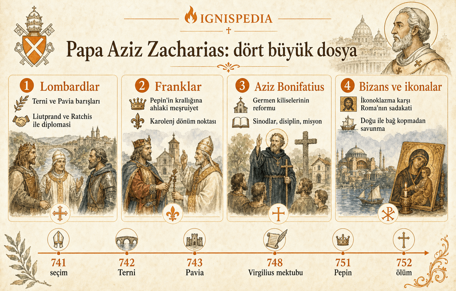 Zacharias'ın dört dosyası infografiği: Lombardlar, Franklar, Bonifatius ve Bizans