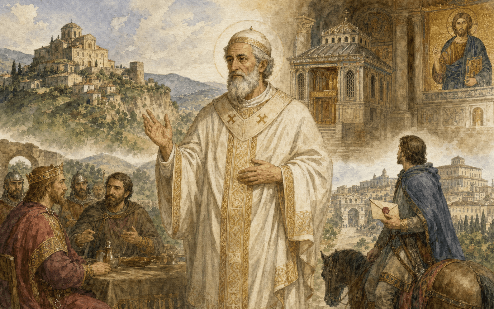 Aziz Papa Zacharias'ın sulu boyası, Santa Severina, Lateran, Lombard kralları ve Frank elçileri arasında arabulucu