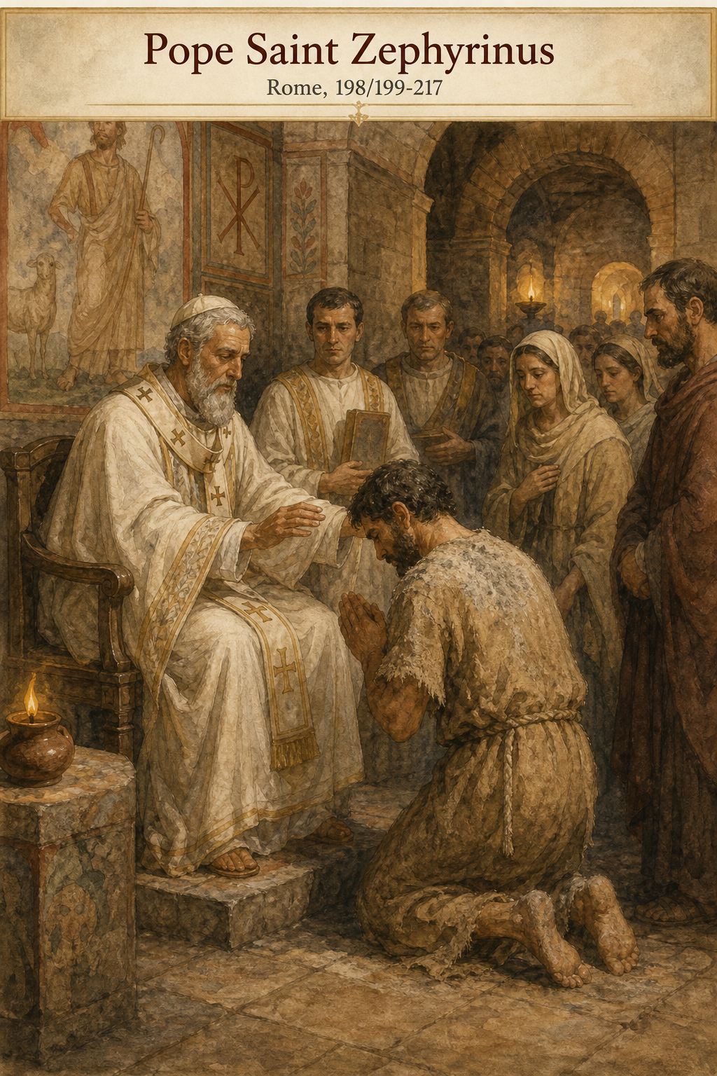 Saint Zephyrinus receives the public repentance of Natalis in the 3rd-century Church of Rome