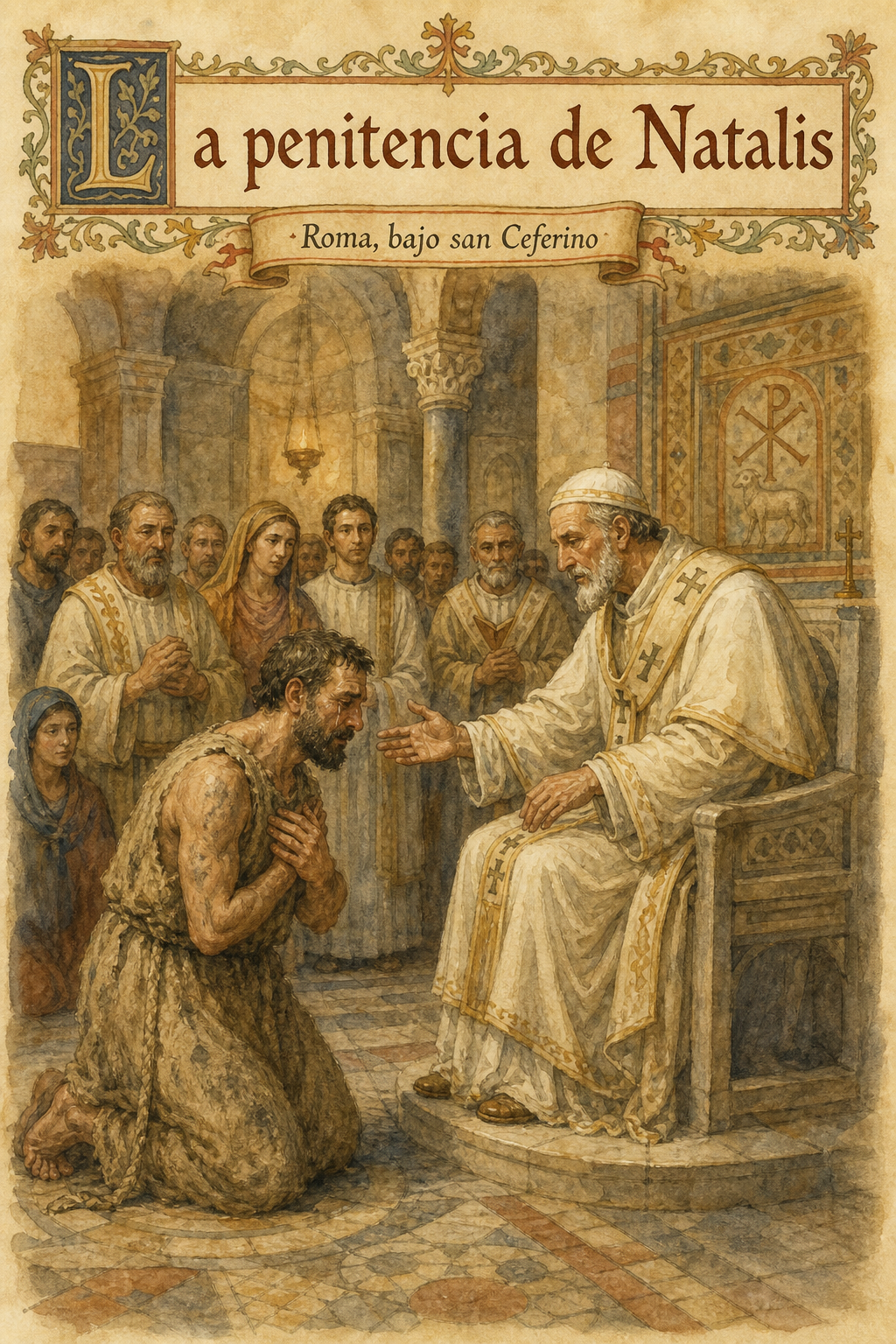 Natalis en saco y cenizas se postra a los pies del papa Ceferino