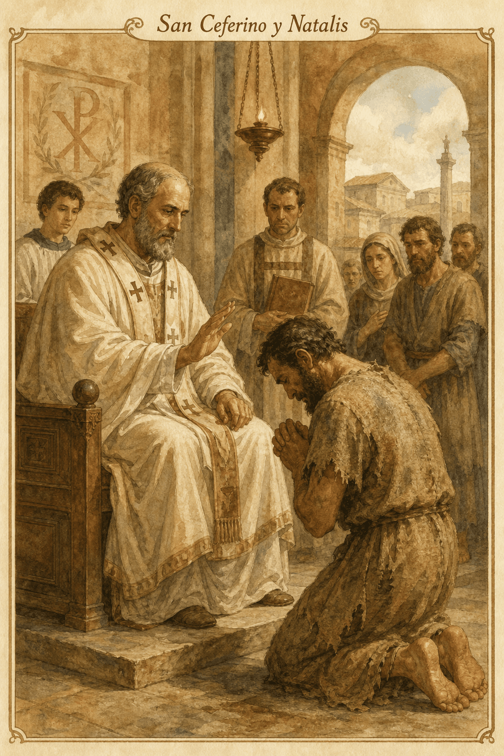 San Ceferino recibe el arrepentimiento público de Natalis en la Iglesia de Roma del siglo III