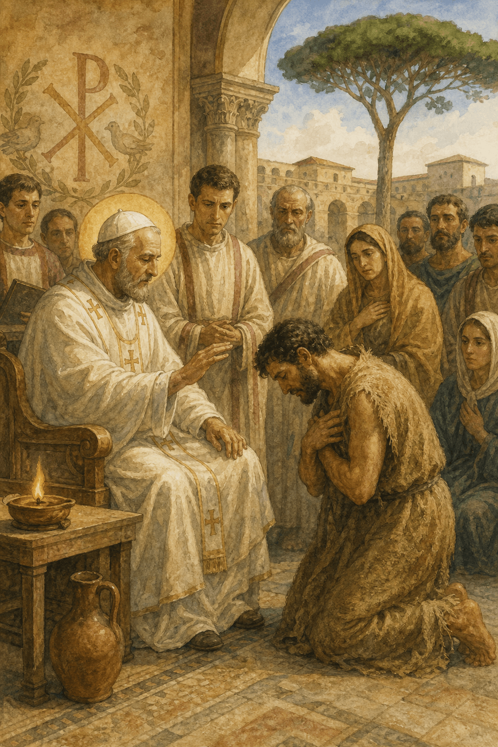 San Zefirino riceve la pubblica penitenza di Natalis nella Chiesa di Roma del III secolo