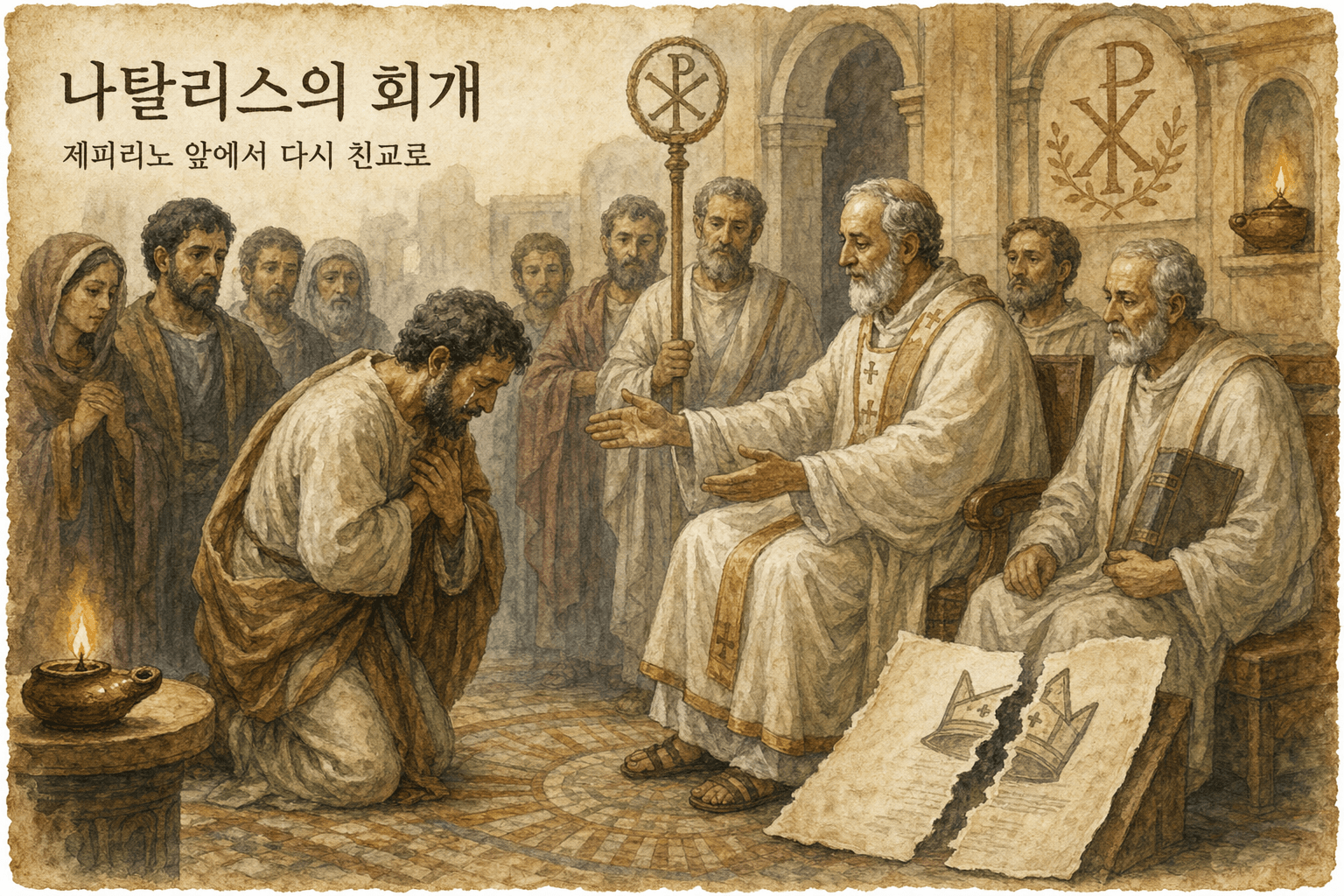 부대와 재로 몸을 감싼 나탈리스가 교황 제피리노 앞에 엎드려 있다
