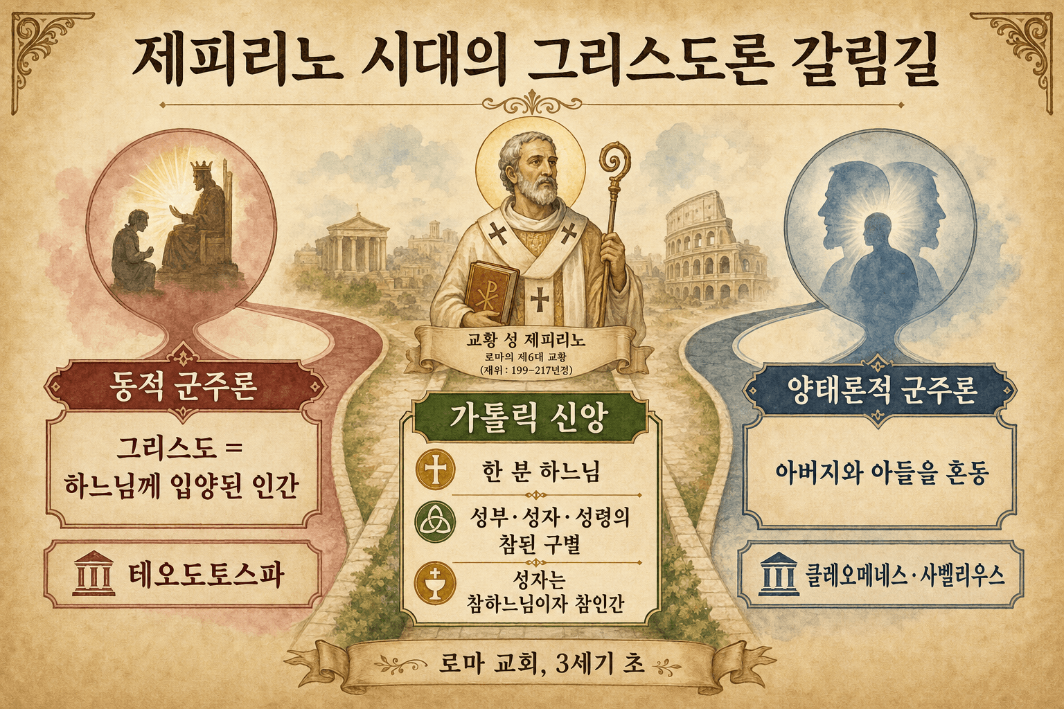 인포그래픽: 역동적 군주론과 양태론 군주론 사이의 그리스도론적 갈림길에 선 제피리노