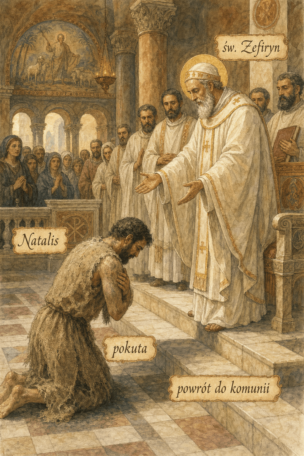 Natalis w worku pokutnym i popiele kłania się u stóp papieża Zefiryna