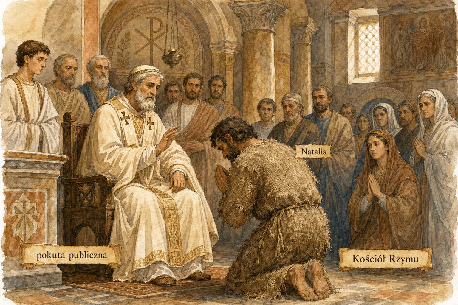 Święty Zefiryn przyjmuje publiczne nawrócenie Natalisa w Kościele rzymskim III wieku