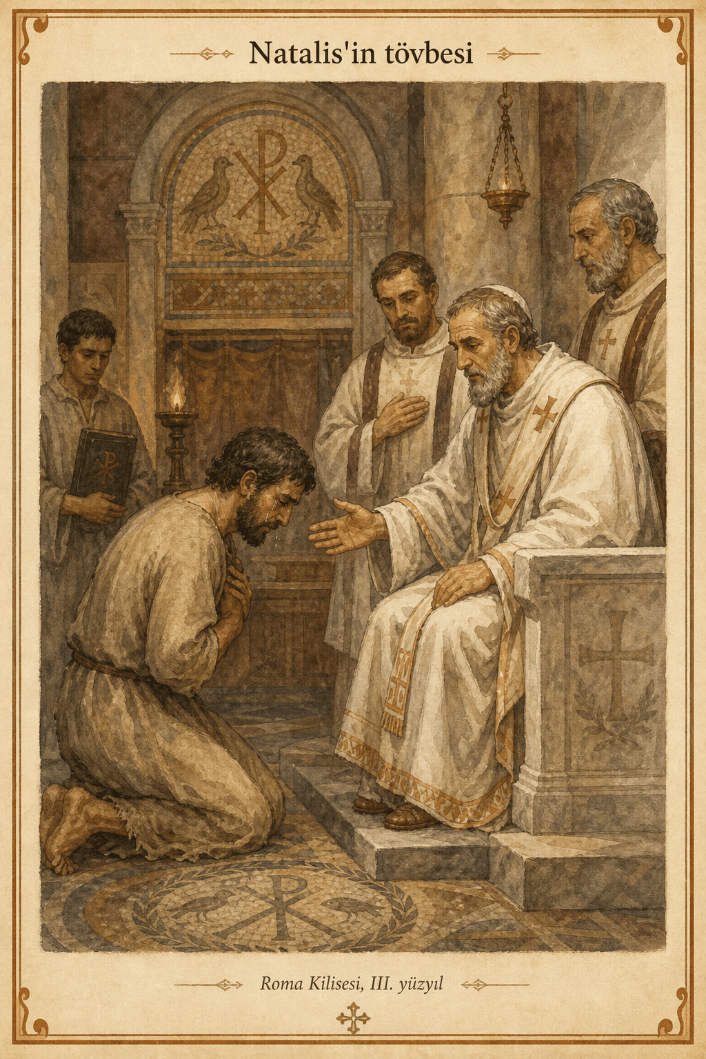 Natalis çul ve kül içinde Papa Zefirin'in ayaklarına kapanır