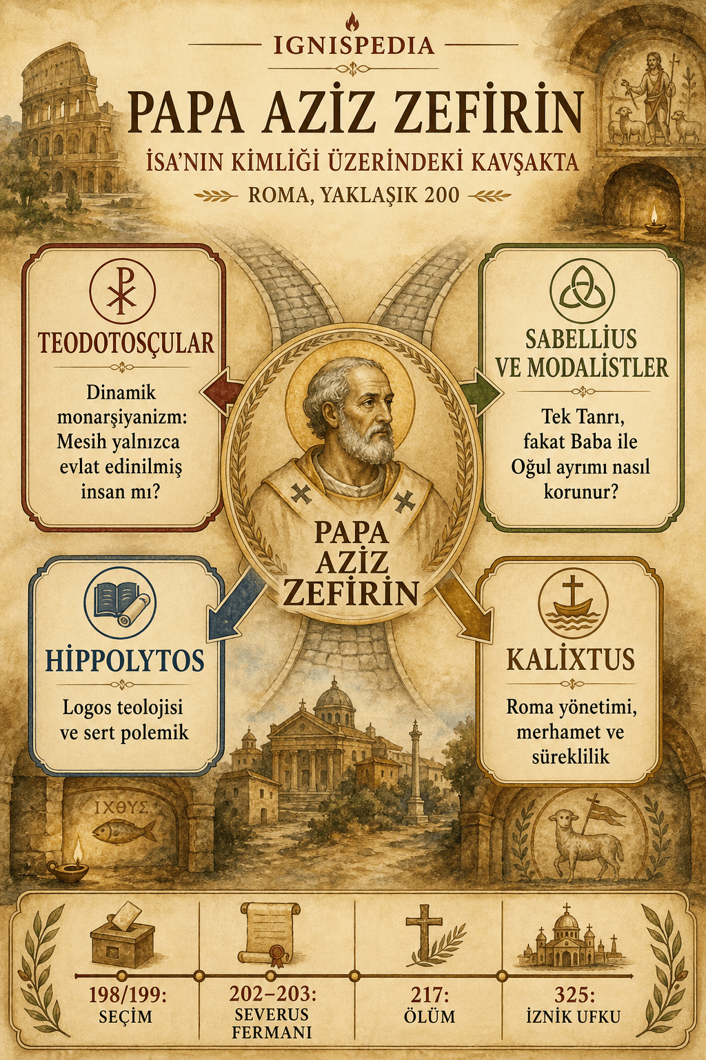 İnfografik: Zefirin, dinamik monarşiyanizm ile modalist monarşiyanizm arasındaki kristolojik kavşakta