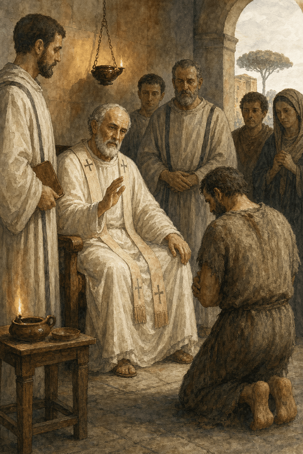 Der heilige Zephyrinus empfängt die öffentliche Buße des Natalis in der Kirche Roms im 3. Jahrhundert