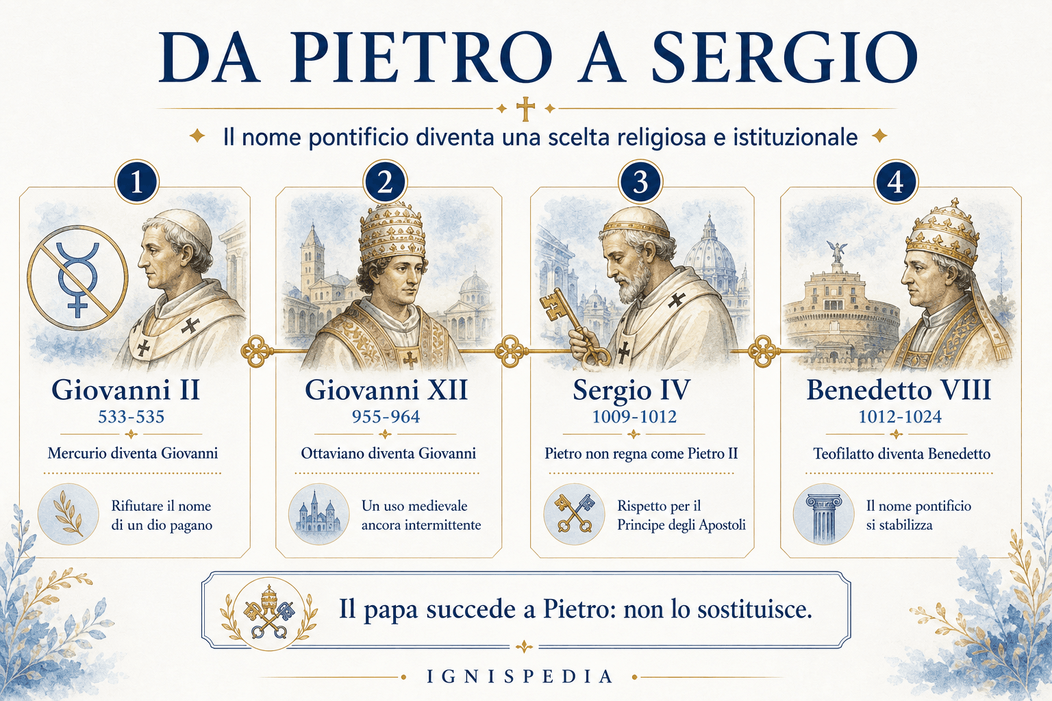 Infografica Da Pietro a Sergio: Giovanni II, Giovanni XIV, Sergio IV e Benedetto VIII nella storia del cambiamento del nome pontificio