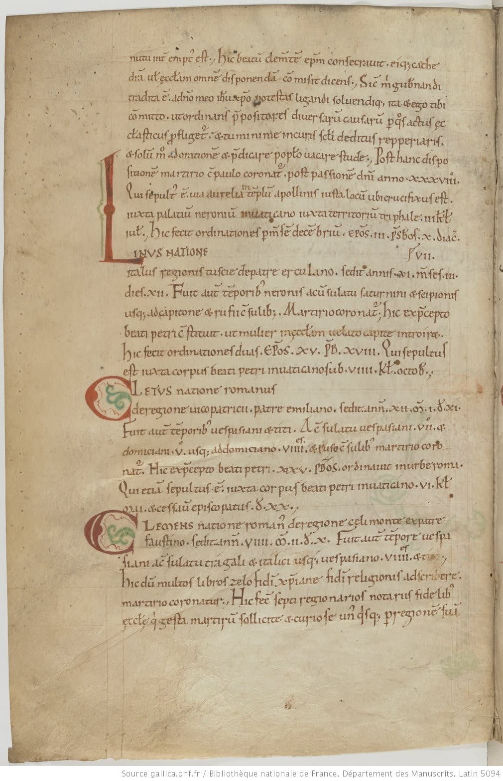 Página manuscrita del Liber Pontificalis con las noticias de los primeros papas, norte de Francia, 1086-1100