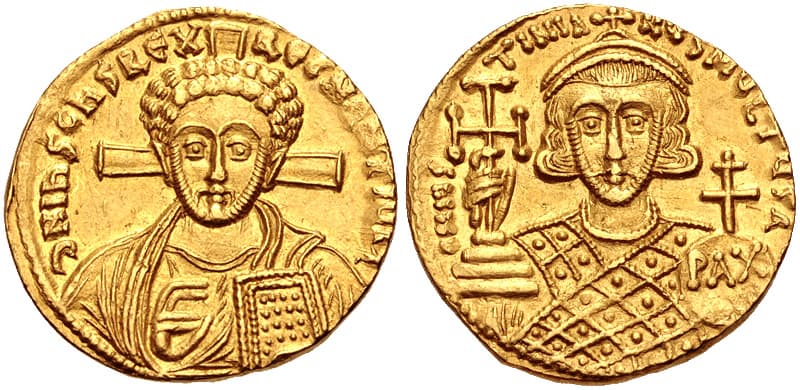 Sólido de oro del emperador Justiniano II de su segundo reinado, con Cristo en una cara y el emperador coronado en la otra