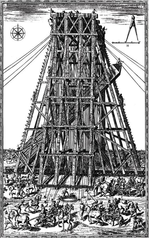Grabado de Domenico Fontana mostrando el descenso y traslado del obelisco del Vaticano en 1586