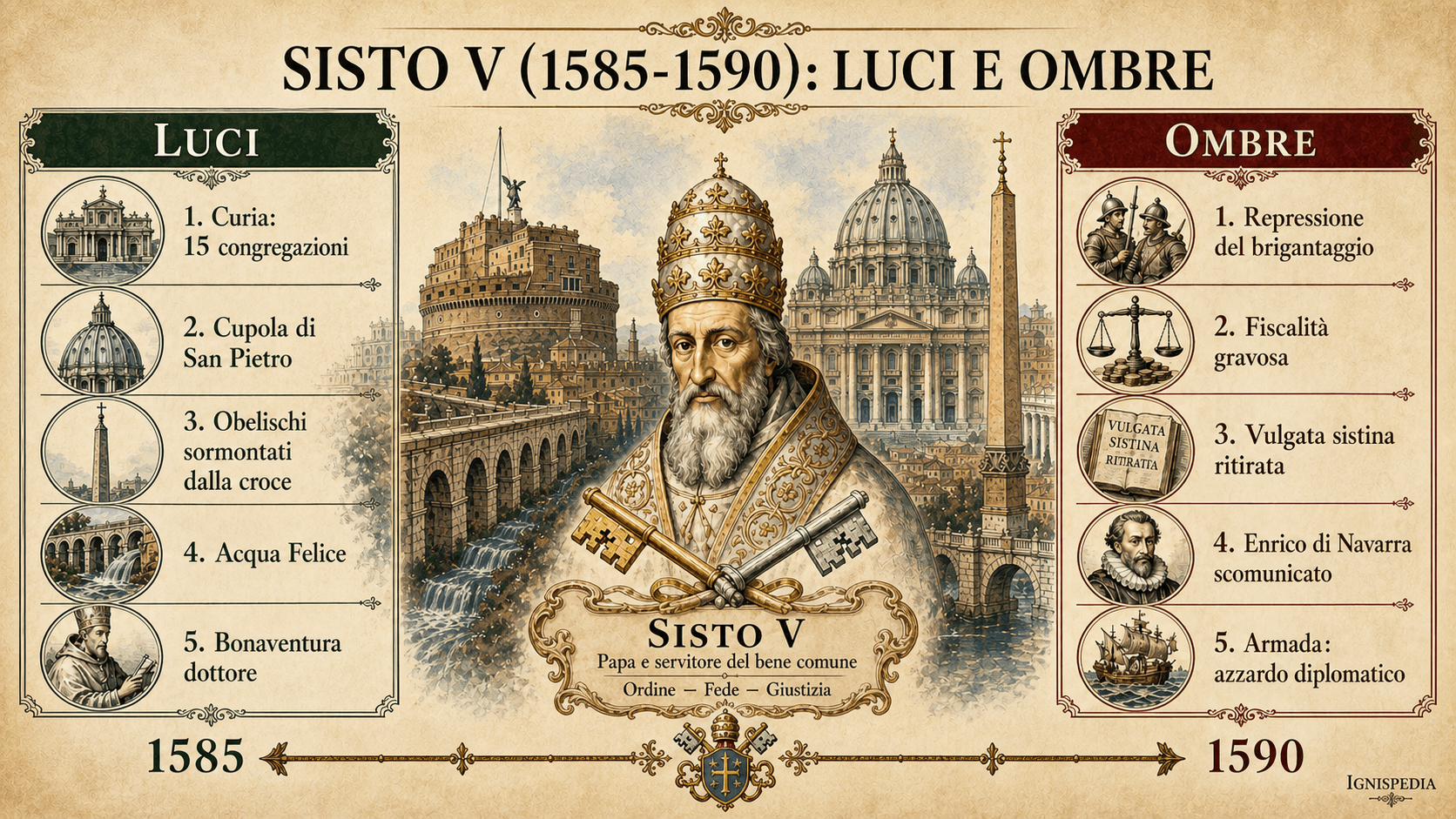 Infografica italiana su Sisto V che presenta le luci e le ombre del suo pontificato dal 1585 al 1590