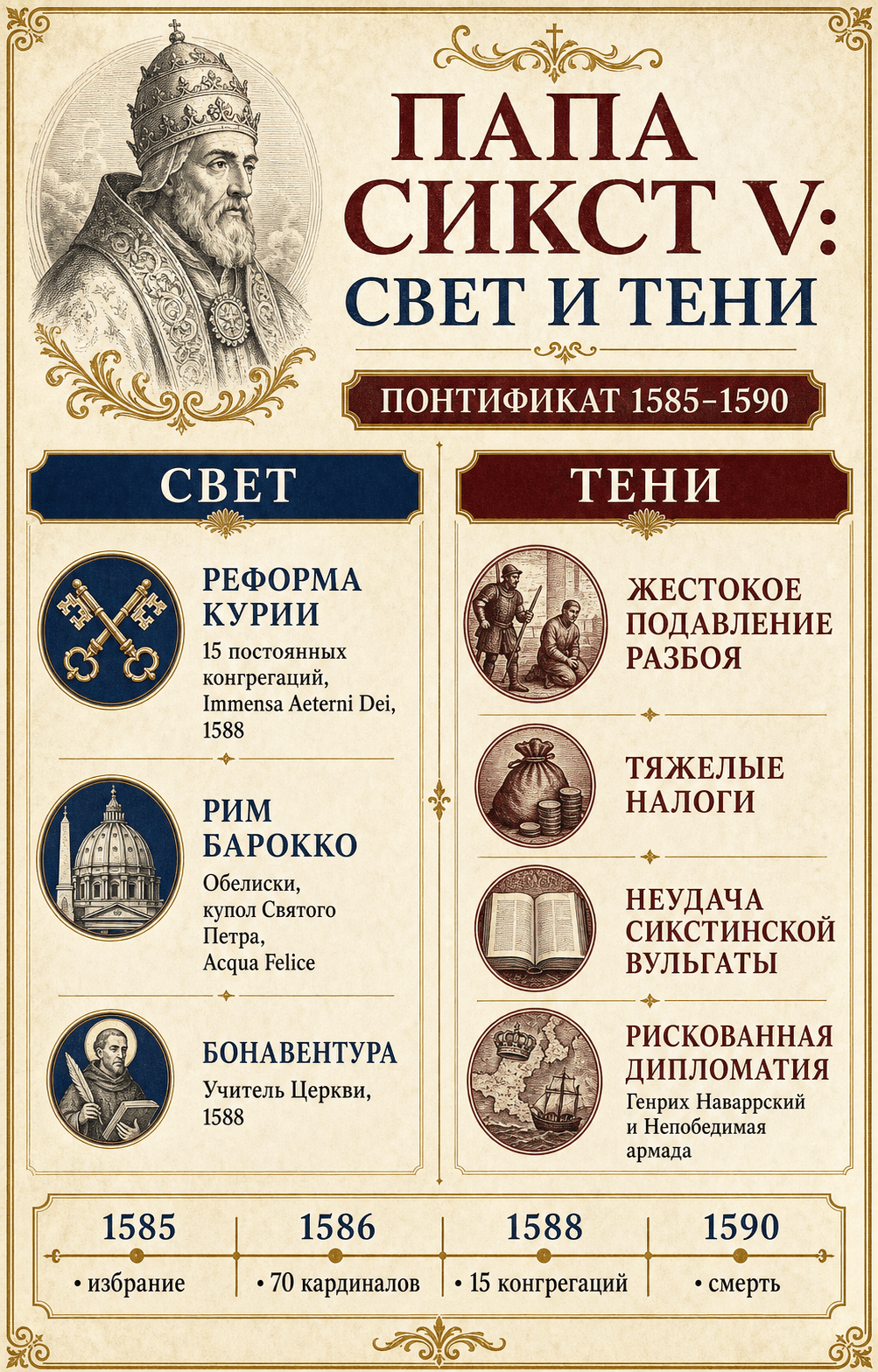 Русская инфографика о Сиксте V, показывающая светлые и тёмные стороны его понтификата 1585–1590