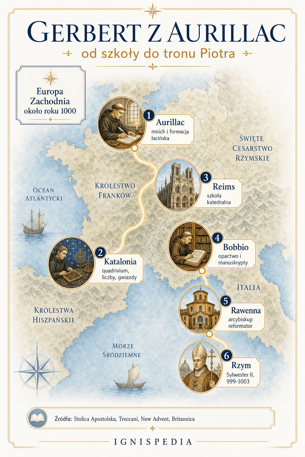Polska infografika kartograficzna drogi Gerberta z Aurillac: Aurillac, Katalonia, Reims, Bobbio, Rawenna i Rzym