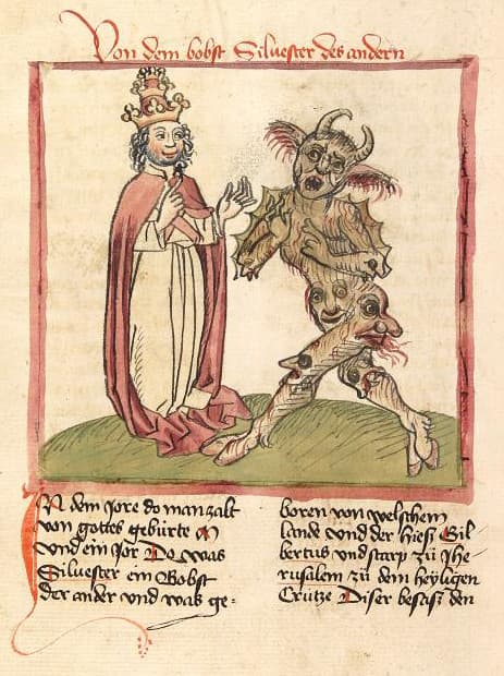 Sylwester II przedstawiony naprzeciw diabła w XV-wiecznej kronice rękopiśmiennej