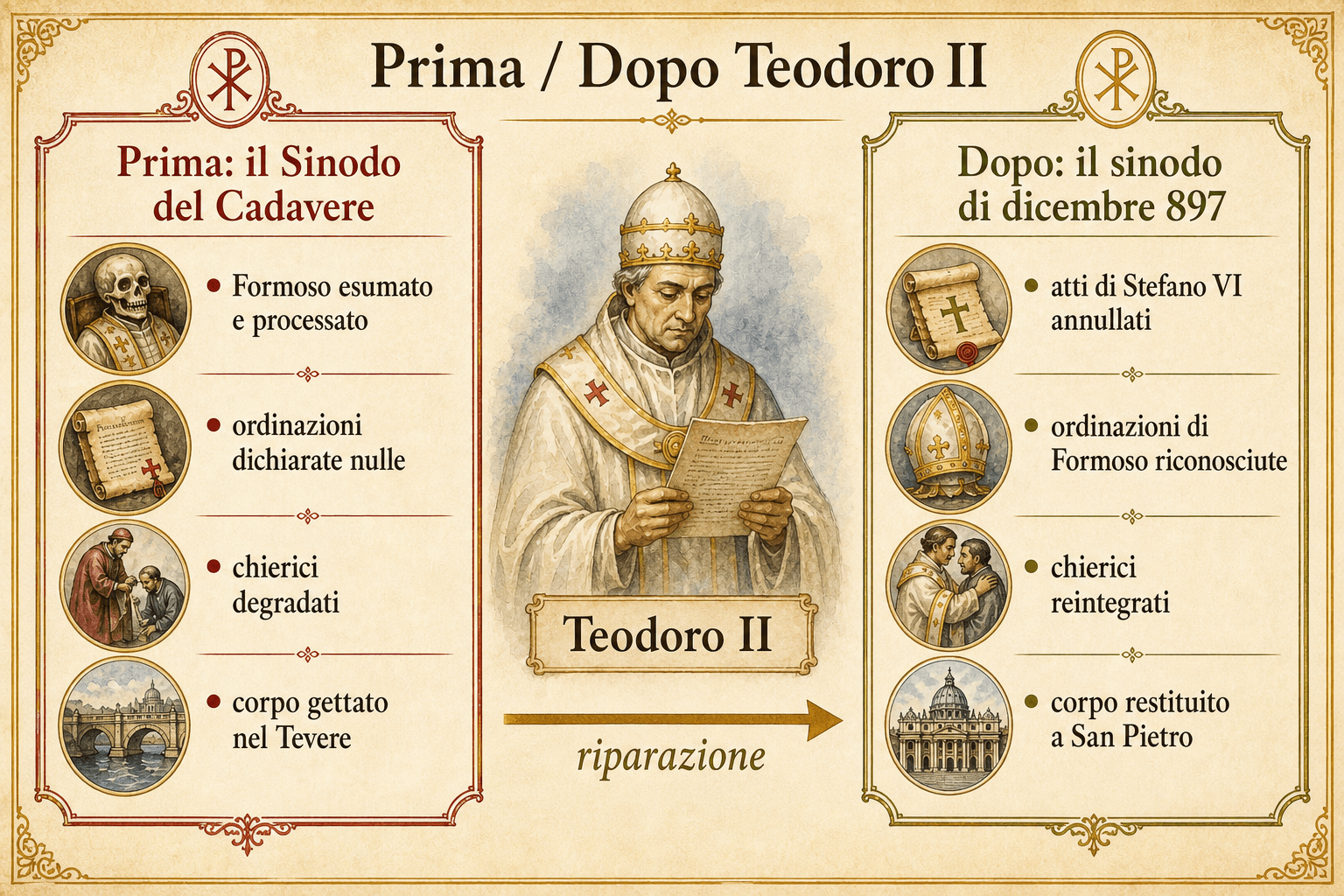 Infografica Prima e Dopo Teodoro II che contrappone il Sinodo del Cadavere al sinodo di dicembre 897