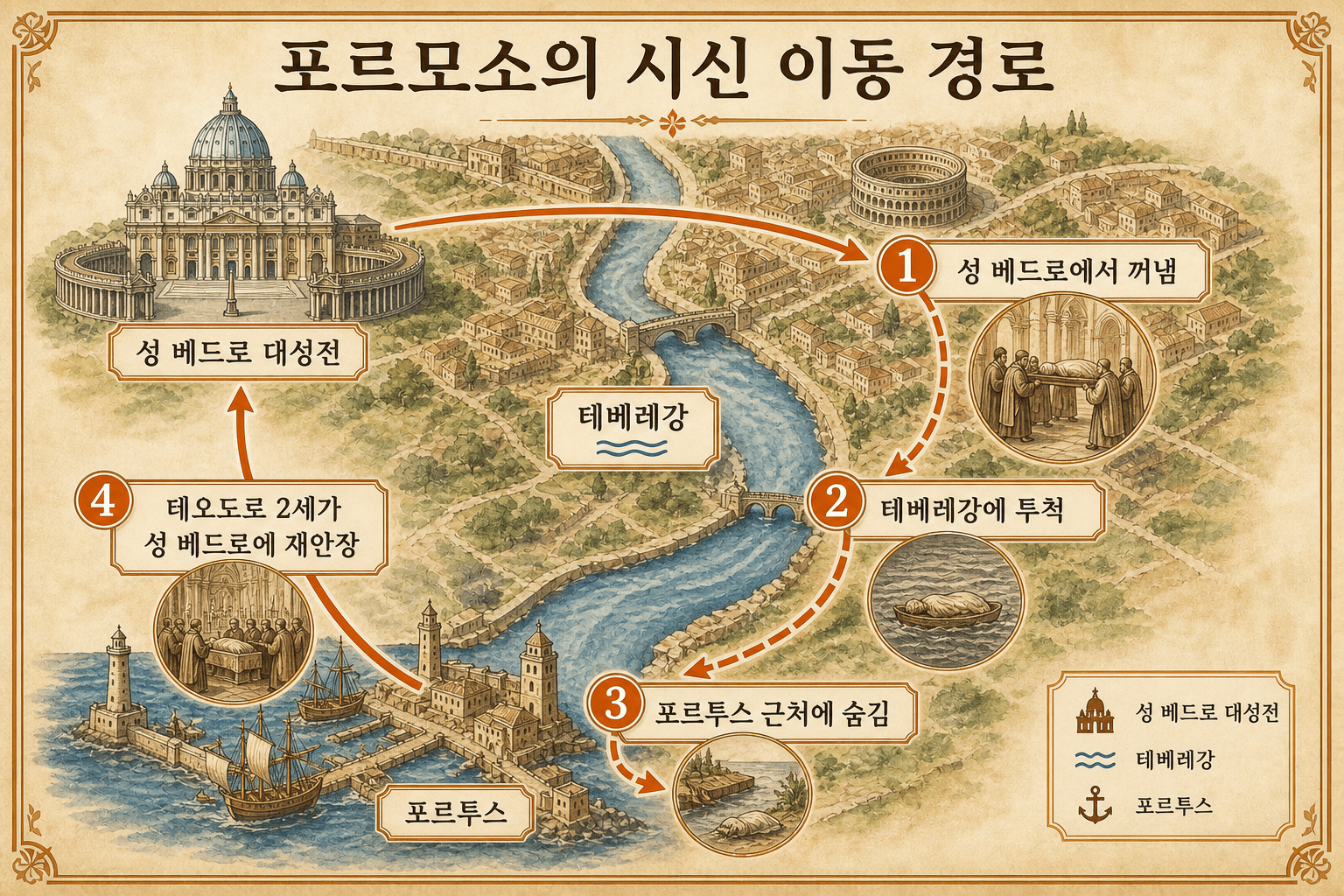 성 베드로, 티베르강, 포르투스, 그리고 다시 성 베드로로 이어지는 포르모소 시신의 여정 지도