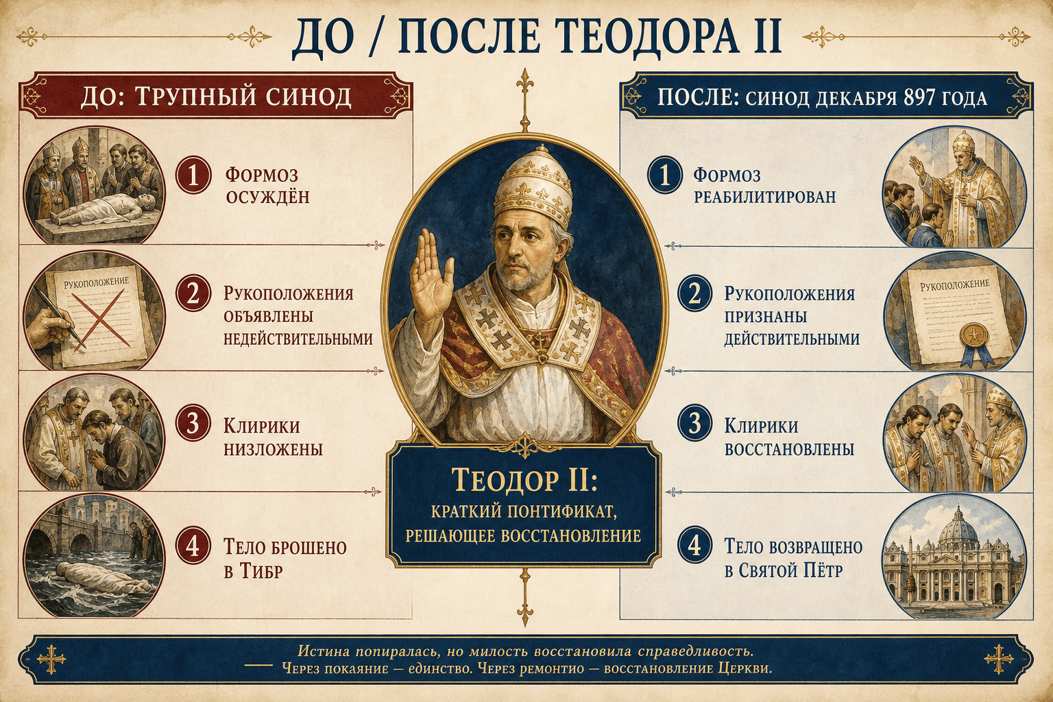 Инфографика До и После Феодора II, противопоставляющая Синод Трупа синоду декабря 897 года