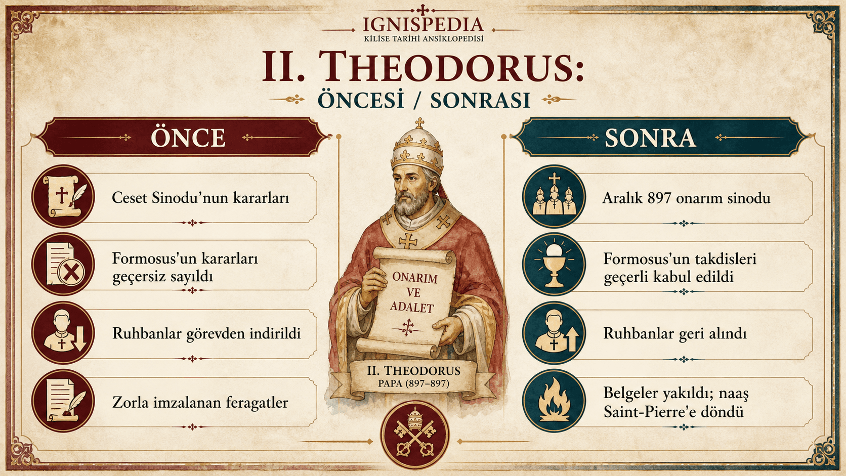 II. Theodorus Öncesi Sonrası infografiği, Kadavra Sinodu ile 897 Aralık sinodunu karşılaştırıyor
