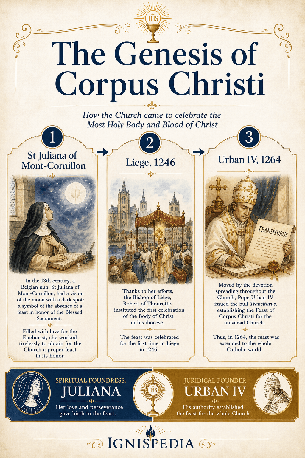 Ignispedia infographic tracing the genesis of Corpus Christi: the visions of Saint Juliana of Mont-Cornillon, the first celebration at Liege in 1246, and the universal extension by Urban IV in 1264.