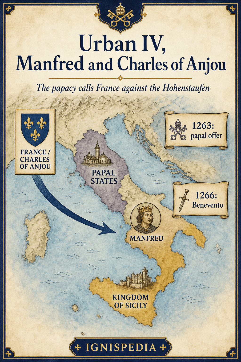Ignispedia map infographic showing thirteenth-century Italy: Manfred of Hohenstaufen in the south threatening the Papal States, and the call to Charles of Anjou from France.