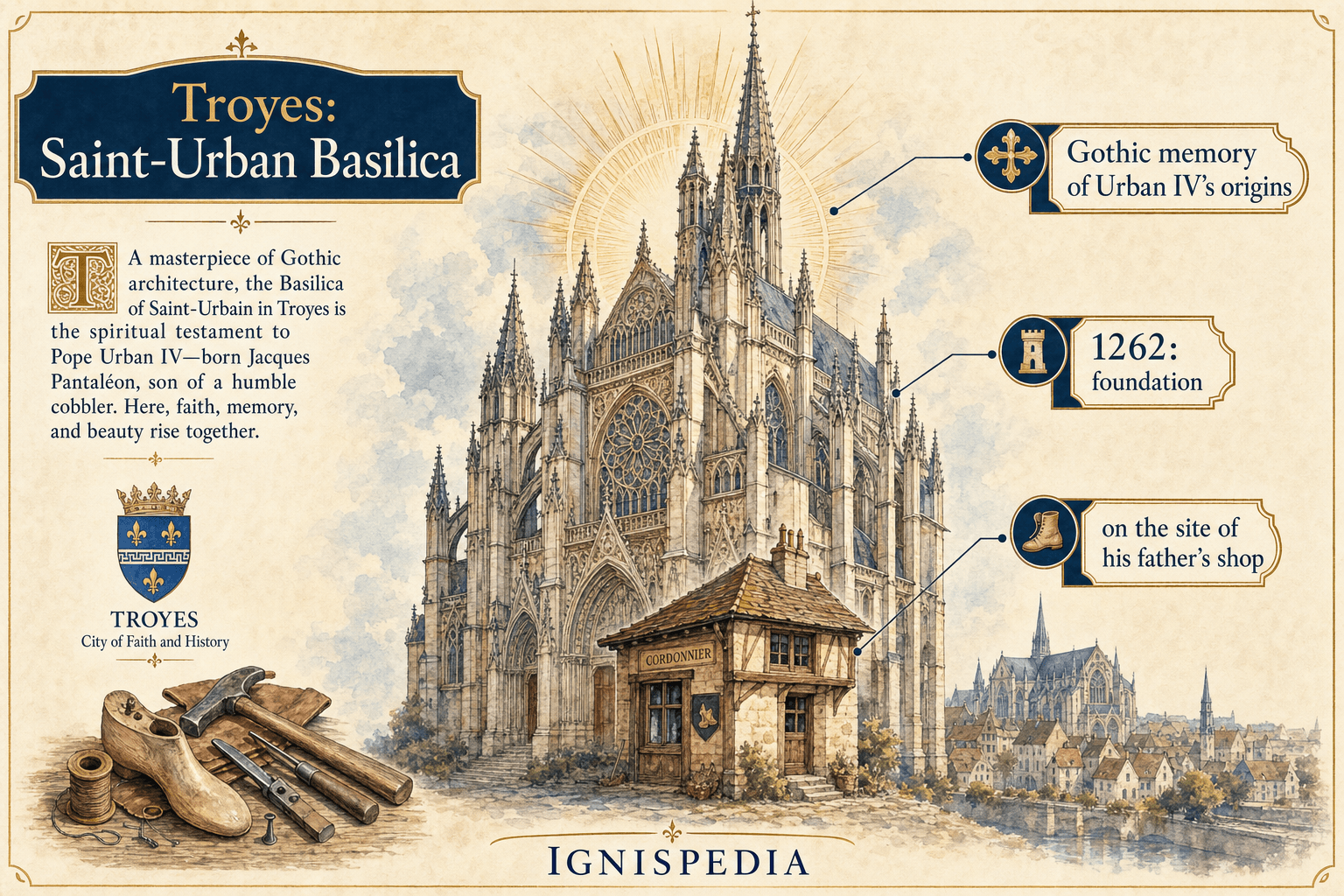 Ignispedia infographic showing the Basilica of Saint-Urban in Troyes, founded on the birthplace of Jacques Pantaleon, the cobbler's son who became Pope Urban IV.