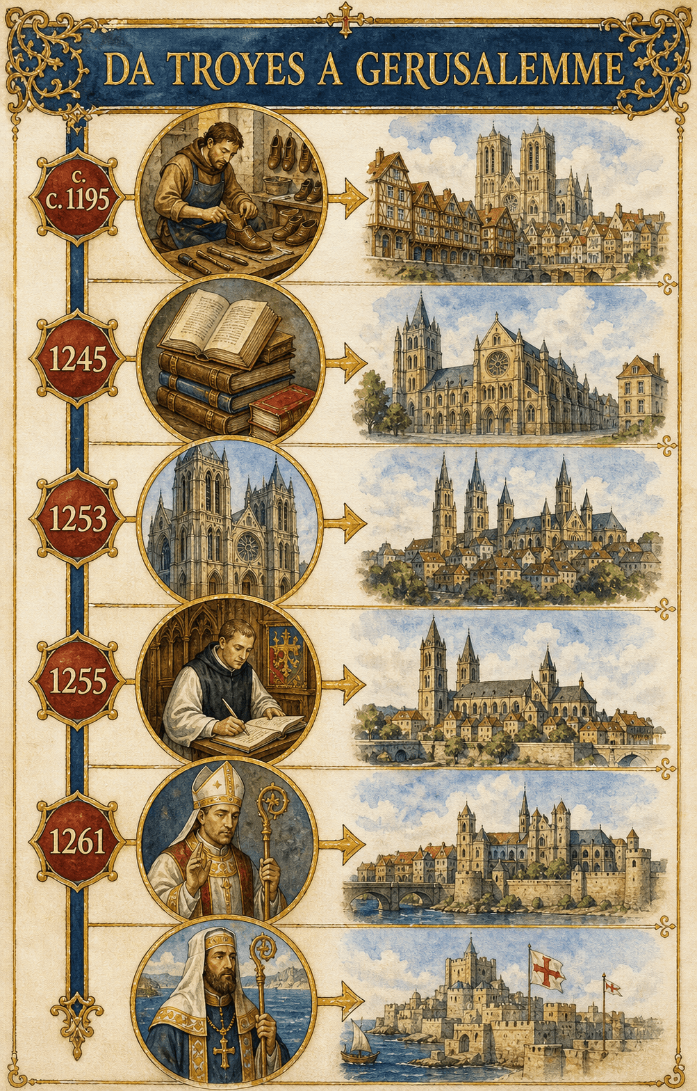 Fregio-infografico di Ignispedia che ripercorre l'ascesa di Jacques Pantaleon: Troyes, studi a Parigi, canonico di Laon, arcidiacono di Liegi, vescovo di Verdun, patriarca di Gerusalemme.