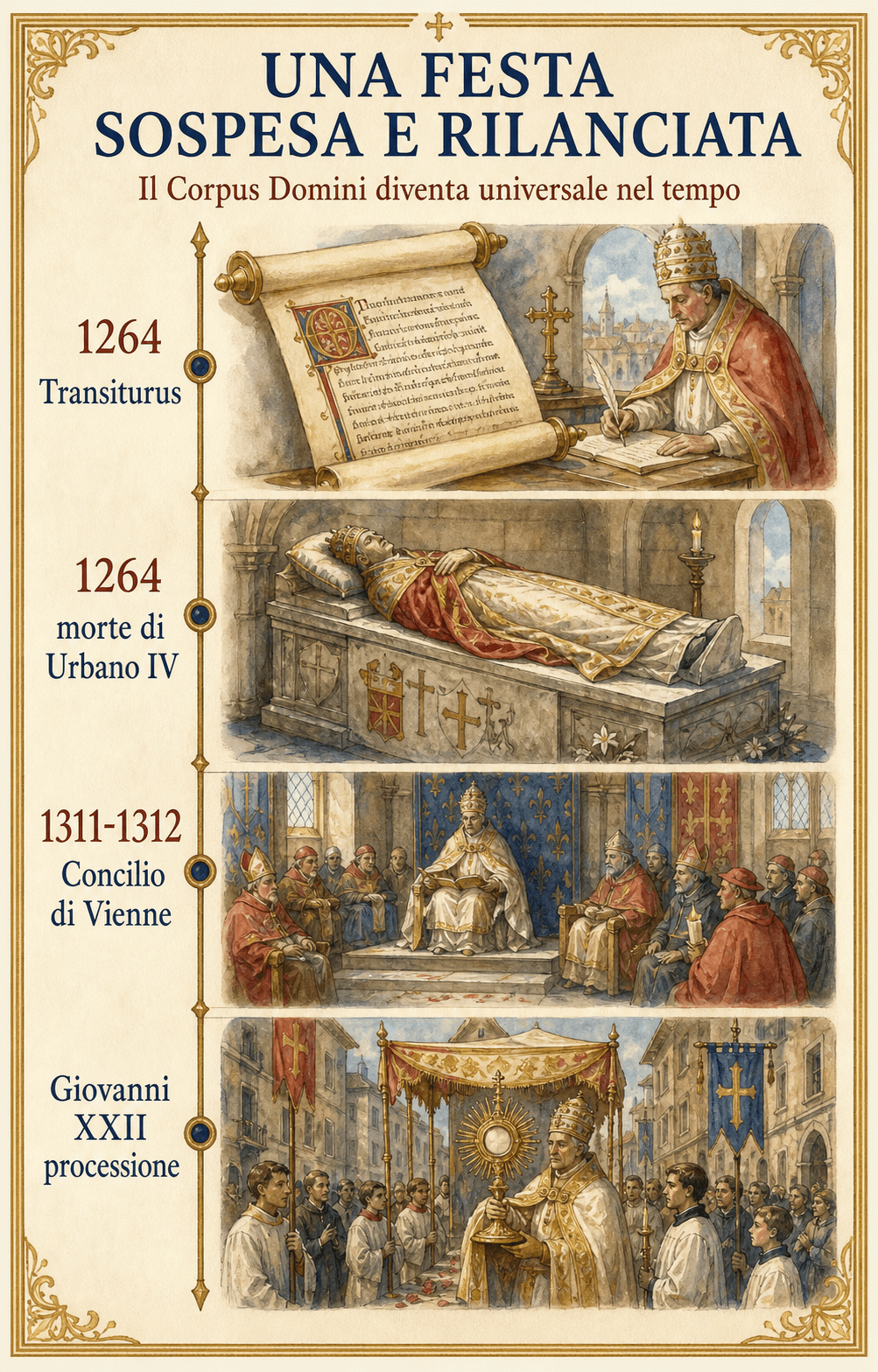 Infografica di Ignispedia che traccia la lenta diffusione del Corpus Domini dopo Urbano IV, poi la sua conferma da parte di Clemente V e la sua generalizzazione sotto Giovanni XXII.