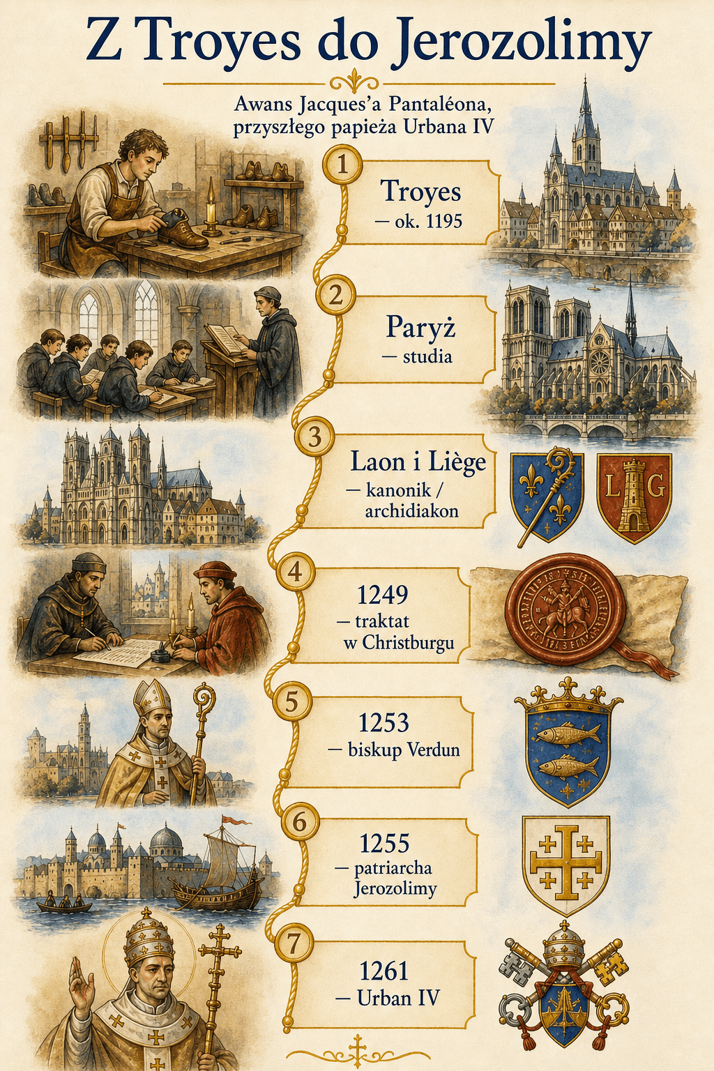 Ignispedia infografika-fryz przedstawiająca powstanie Jacques'a Pantaléona: Troyes, studia w Paryżu, kanonik Laon, archidiakon Liège, biskup Verdun, patriarcha Jerozolimy.
