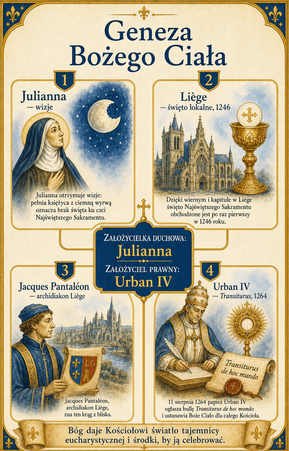 Infografika Ignispedia przedstawiająca genezę Bożego Ciała: wizje św. Julianny z Mont-Cornillon, pierwsza uroczystość w Liège w 1246 r., następnie powszechne rozszerzenie przez Urbana IV w 1264 r.