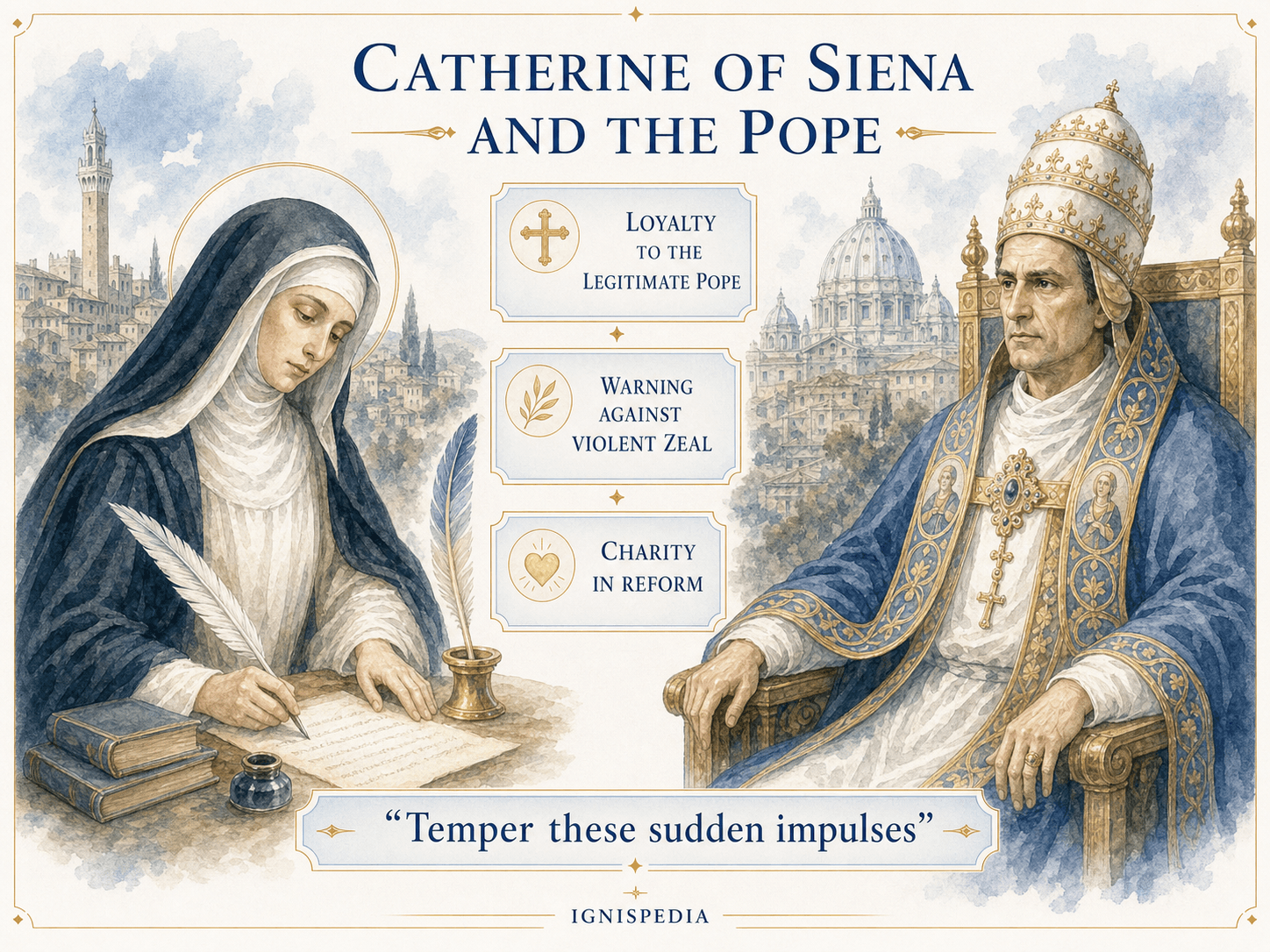English Ignispedia infographic showing Saint Catherine of Siena writing to Pope Urban VI: loyalty to the legitimate pope, warning against violent zeal, and charity in reform.