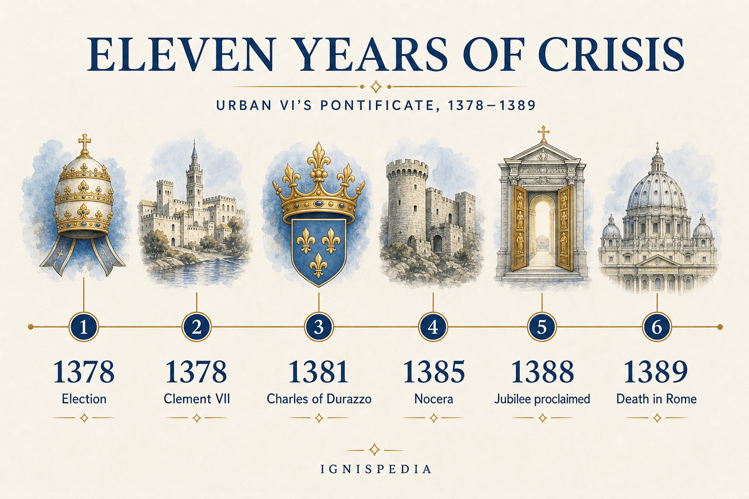 English Ignispedia timeline of Urban VI's pontificate: election in 1378, Clement VII in 1378, Charles of Durazzo in 1381, Nocera in 1385, Jubilee proclaimed in 1388, and death in Rome in 1389.