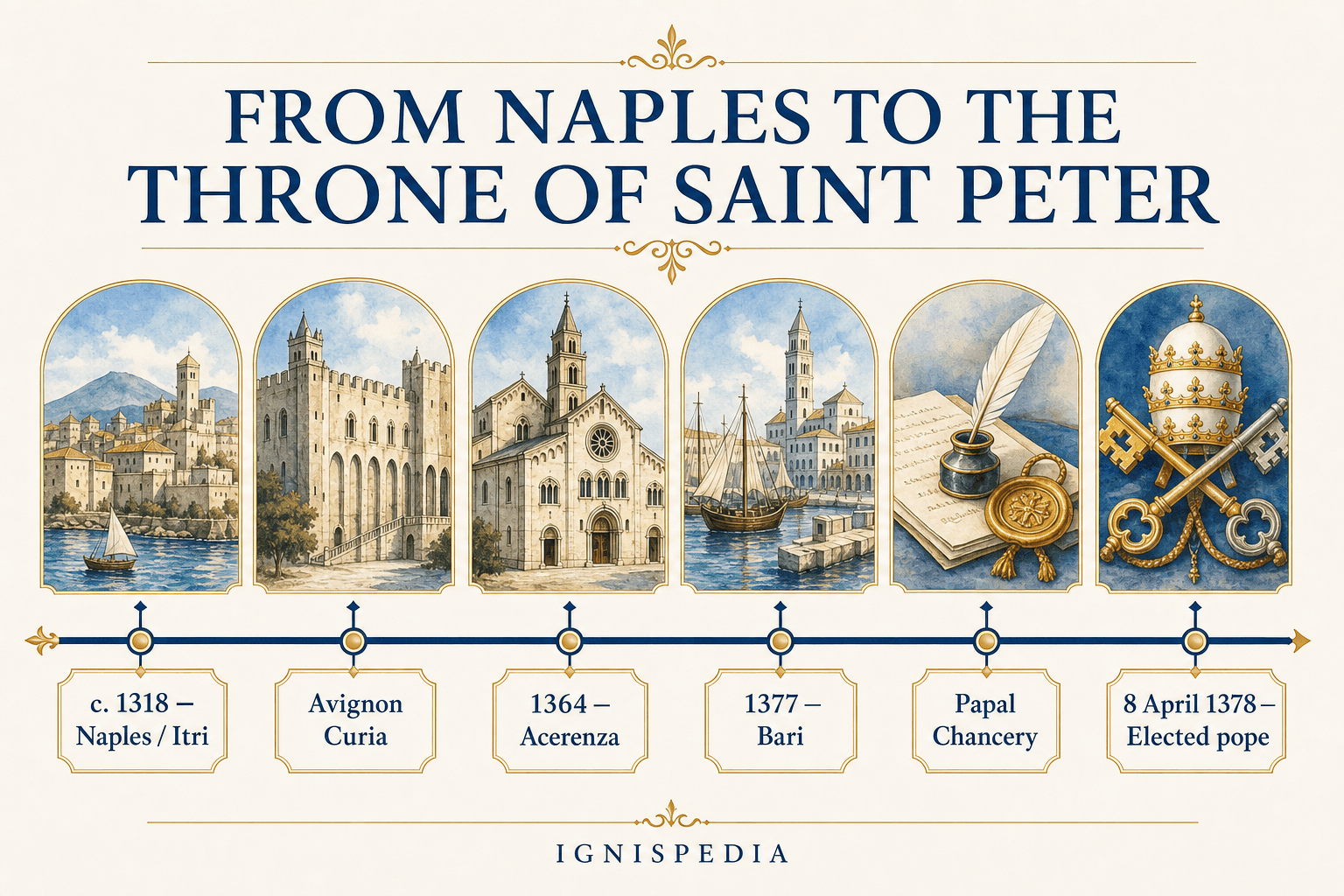 English Ignispedia timeline tracing Bartolomeo Prignano from Naples to the throne of Saint Peter: Naples around 1318, the Avignon Curia, Acerenza in 1364, Bari in 1377, the papal chancery, and election as pope on 8 April 1378.