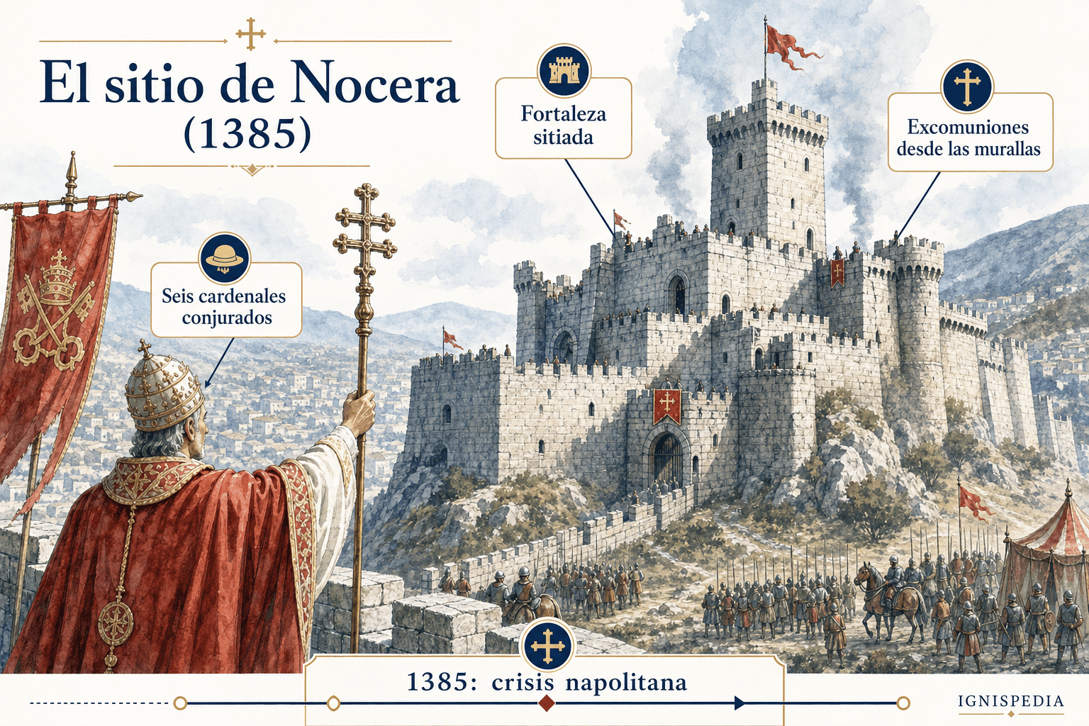 Infografía Ignispedia sobre el sitio de Nocera en 1385: la fortaleza sitiada por las tropas de Carlos III de Nápoles, el papa Urbano VI excomulgando a sus sitiadores desde lo alto de las murallas varias veces al día, los seis cardenales conspiradores encarcelados.