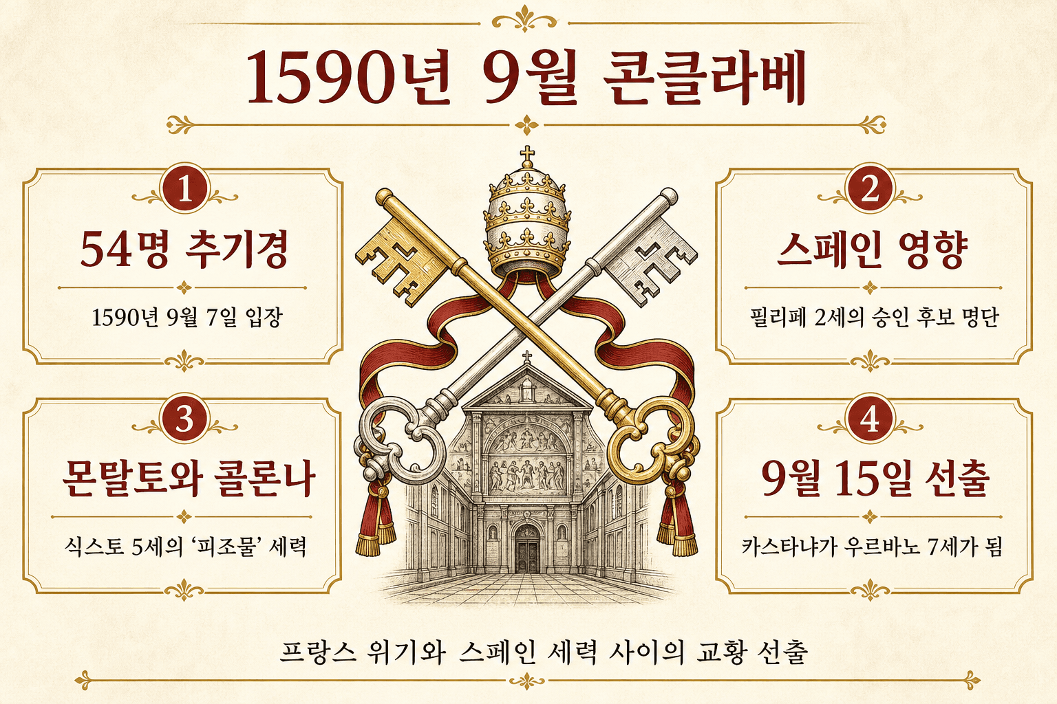 1590년 9월 콘클라베에 관한 이그니스피디아 인포그래픽: 9월 7일 바티칸에 입장한 54명의 추기경, 22명의 스페인 추기경과 펠리페 2세 명단의 영향, 식스토 5세 조카 몬탈토 파벌, 9월 15일 카스타냐 선출.