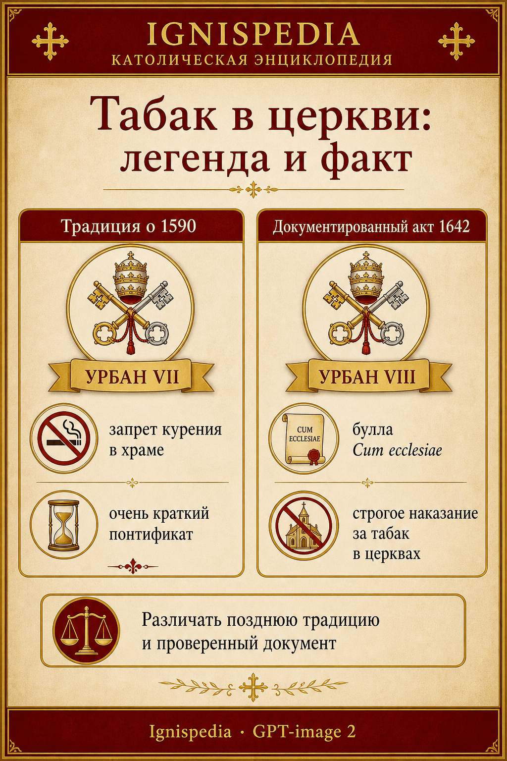 Инфографика Ignispedia, сравнивающая запрет курения, приписываемый Урбану VII в 1590 году, и буллу Cum ecclesiae Урбана VIII в 1642 году: перечёркнутая трубка и лист табака на фоне церкви с пометкой, что мера 1590 года широко упоминается, но слабо подтверждена.