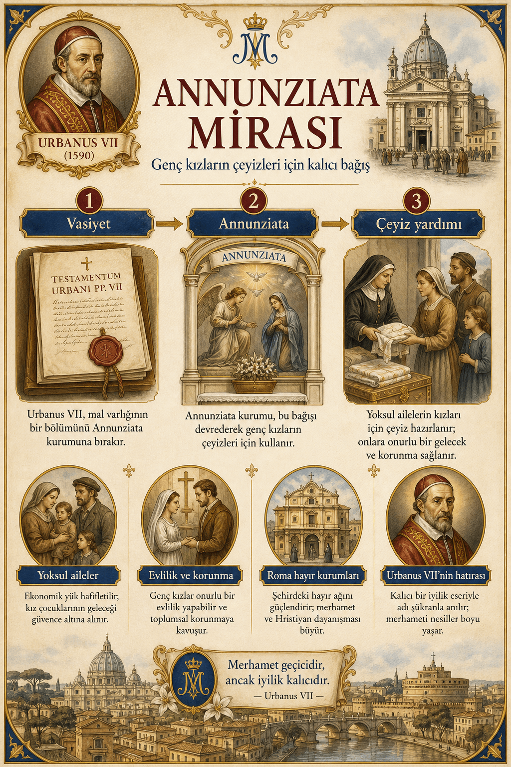 Urbanus VII tarafından Annunziata Kardeşliği'ne vasiyet edilen 30.000 ekü ile fakir genç kızlara çeyiz sağlanması hakkında Ignispedia infografiği.
