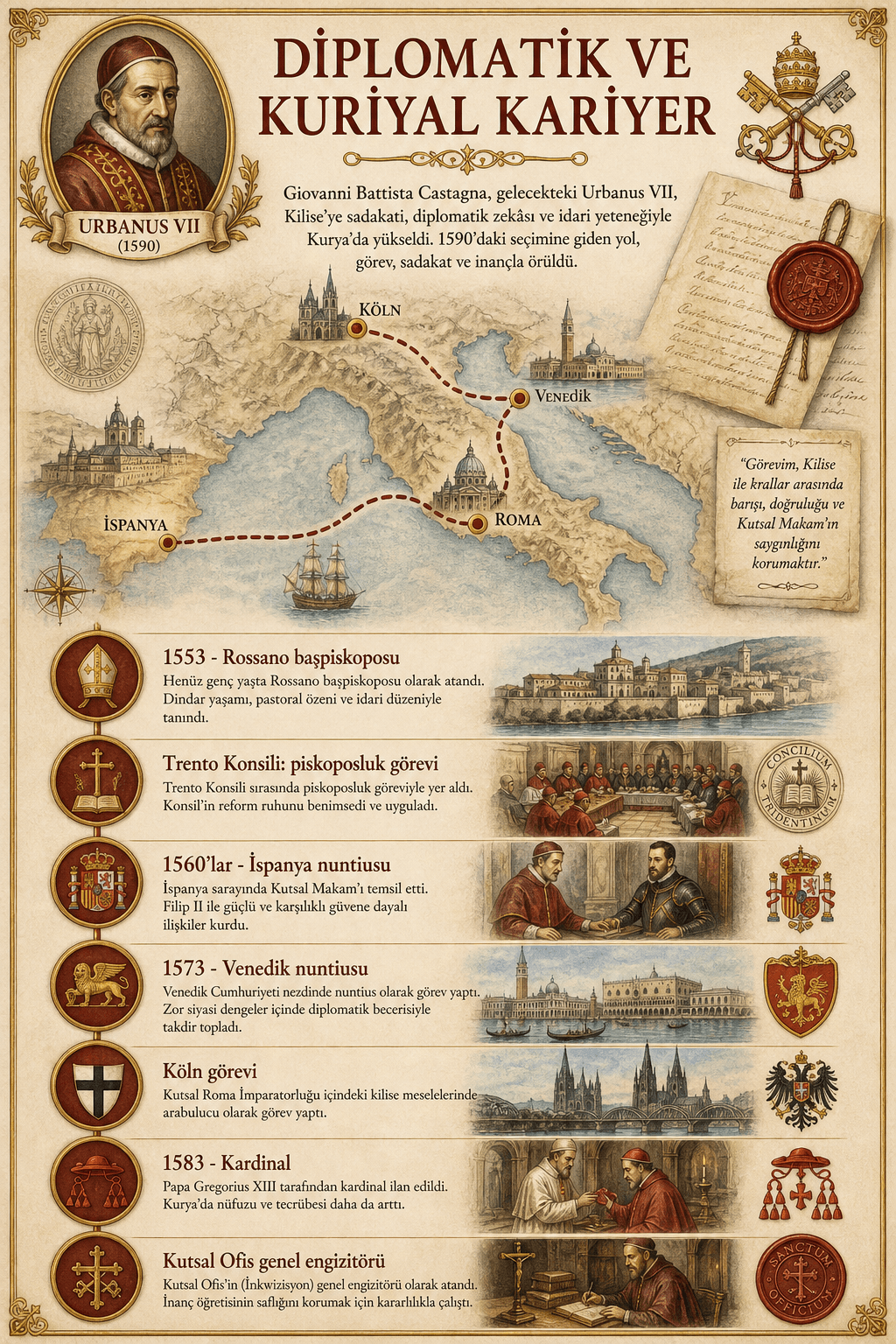Giovanni Battista Castagna'nın diplomatik kariyerini gösteren Ignispedia infografiği: Calabria'da Rossano başpiskoposu, Fano ve Perugia valisi, II. Felipe'nin sarayında İspanya nunsiyeliği, Venedik nunsiyeliği, Bologna valiliği, Köln legatı.