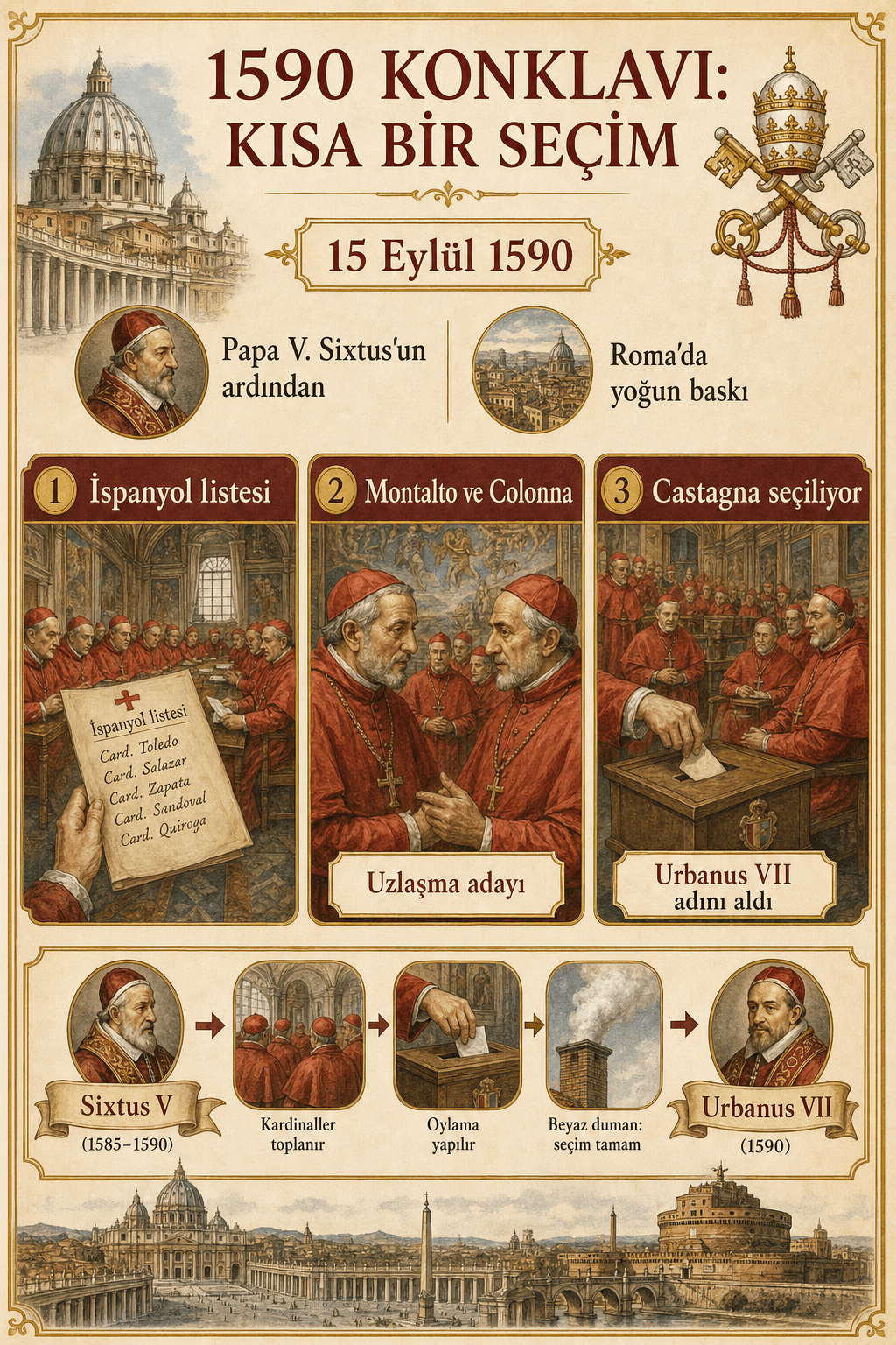 Eylül 1590 konklavı hakkında Ignispedia infografiği: 7 Eylül’de Vatikan’a giren 54 kardinal, 22 İspanyol kardinalin ve II. Filip’in listesinin etkisi, V. Sixtus’un yeğeni kardinal Montalto fraksiyonu, 15 Eylül’de Castagna’nın seçimi.