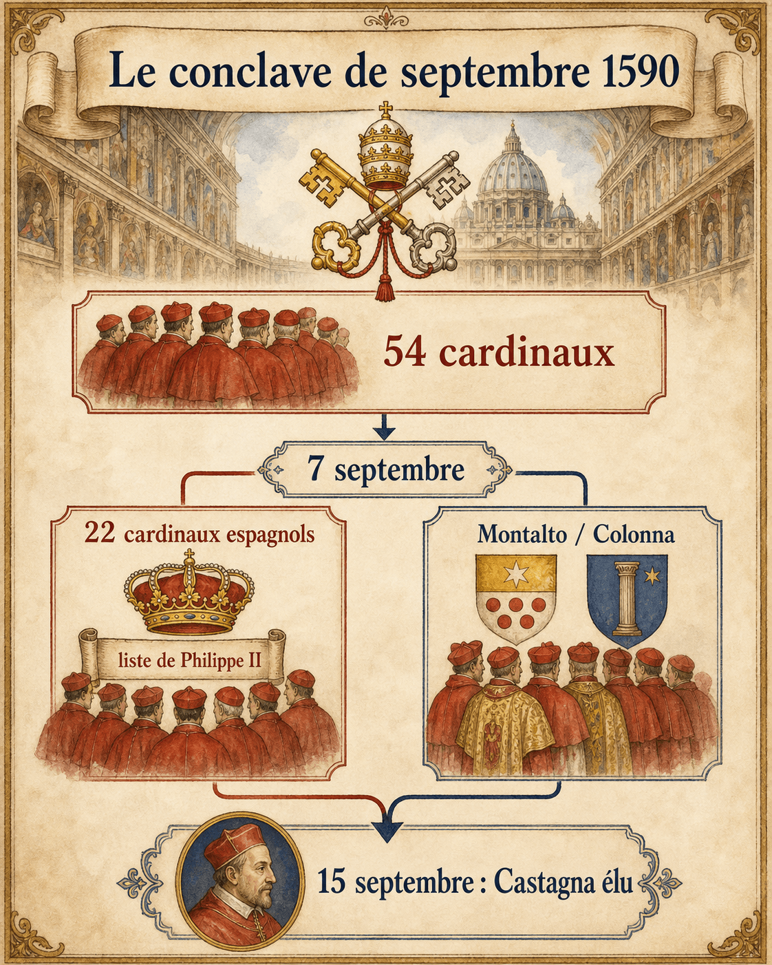 Infographie Ignispedia sur le conclave de septembre 1590 : 54 cardinaux entrés au Vatican le 7 septembre, l'influence des 22 cardinaux espagnols et de la liste de Philippe II, la faction du cardinal Montalto neveu de Sixte V, l'élection de Castagna le 15 septembre.