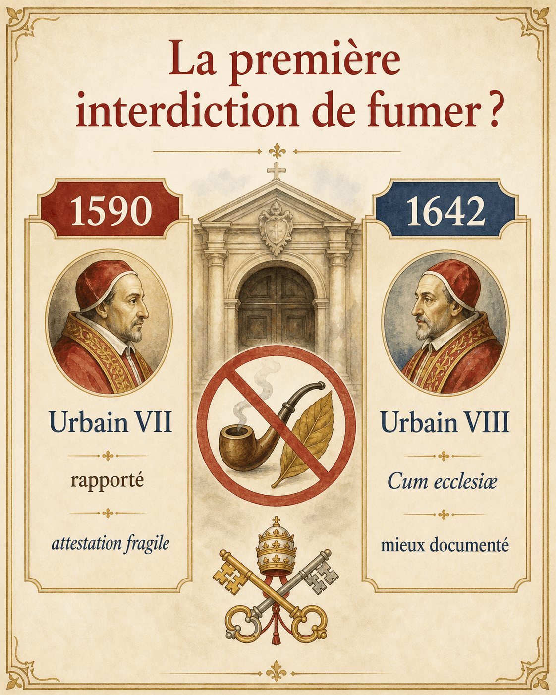 Infographie Ignispedia comparant l'interdiction de fumer attribuée à Urbain VII en 1590 et la bulle Cum ecclesiae d'Urbain VIII en 1642 : une pipe et une feuille de tabac barrées devant une église, avec la mention que la mesure de 1590 est largement rapportée mais fragilement attestée.