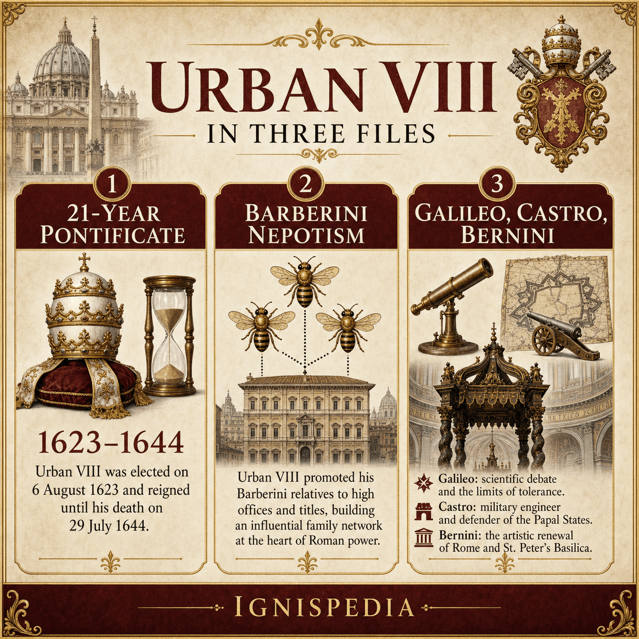 Ignispedia infographic summarizing Pope Urban VIII in three files: a twenty-one-year pontificate, Barberini nepotism and its bees, the pope of Galileo, Castro and Bernini.