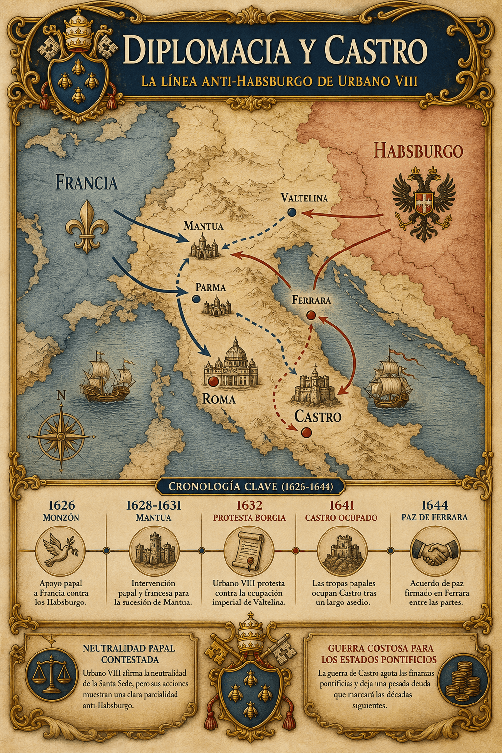 Infografia Ignispedia sobre la diplomacia de Urbano VIII y la guerra de Castro: Francia, Habsburgo, Mantua, Valtelina, Roma, Parma, Castro y una linea temporal 1626-1644.