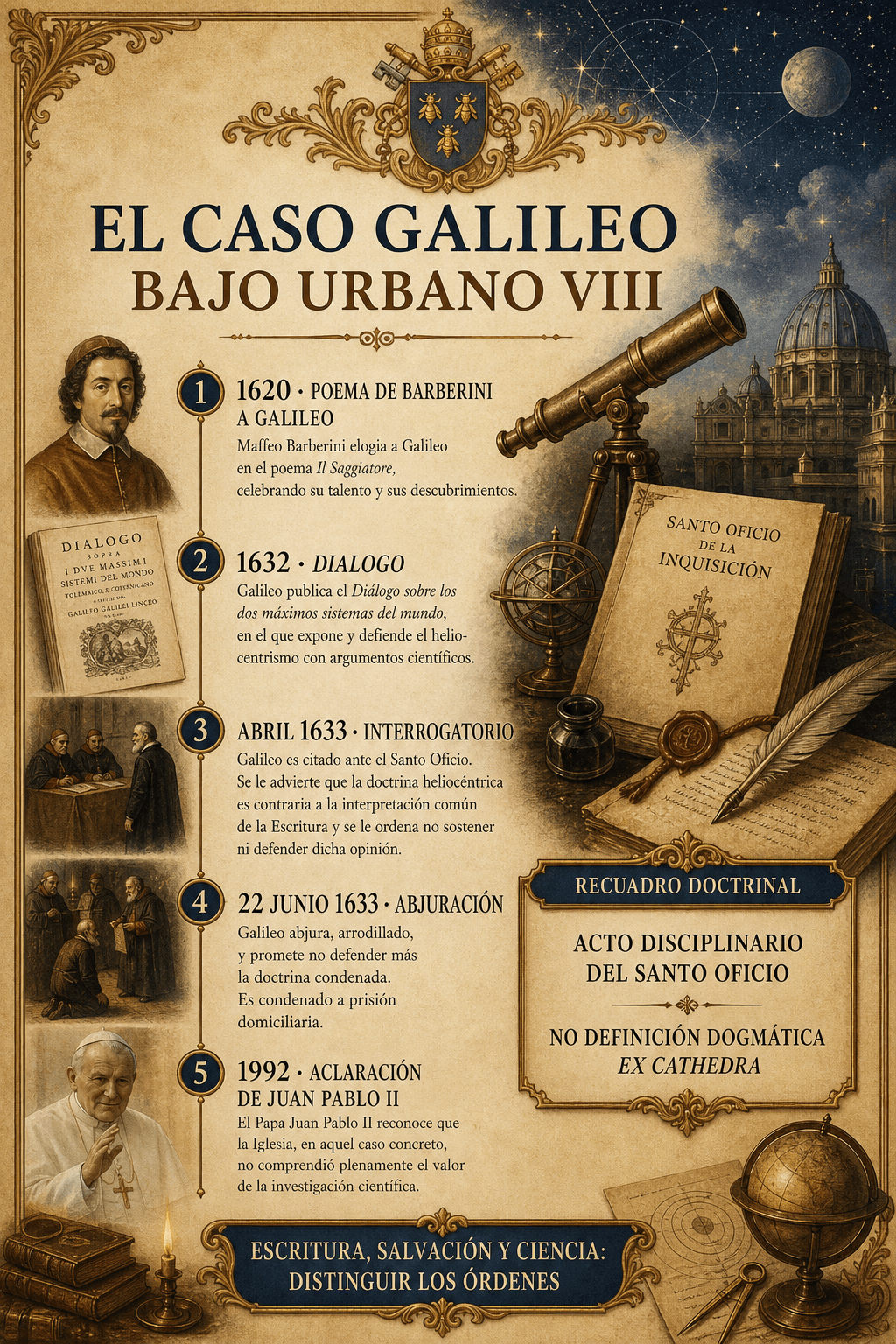 Infografia cronologica Ignispedia del caso Galileo bajo Urbano VIII: poema de Barberini en 1620, Dialogo en 1632, interrogatorio en abril de 1633, abjuracion en junio de 1633, discurso de Juan Pablo II en 1992.