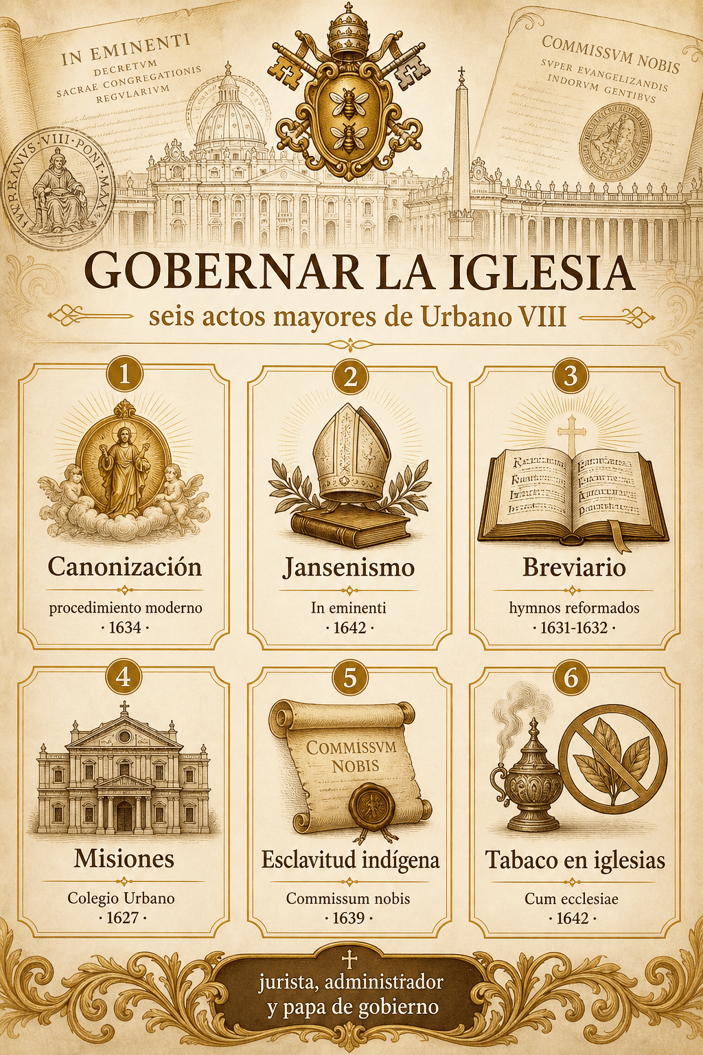 Infografia Ignispedia que presenta seis actos mayores del gobierno de la Iglesia bajo Urbano VIII: canonizacion, jansenismo, breviario, misiones, esclavitud y tabaco en las iglesias.